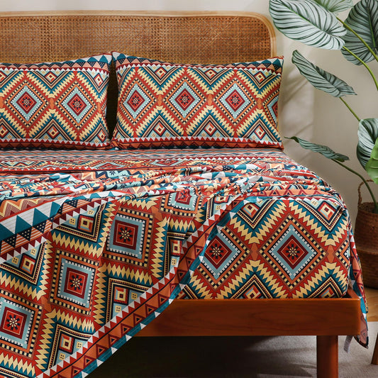 CozySmile 4 Pieces Queen Sheet Set Bohemian, Boho Sheets Soft Microfiber Deep Pocket, Western Sheets Geometric(Queen, Rust Turquoise Diamond)