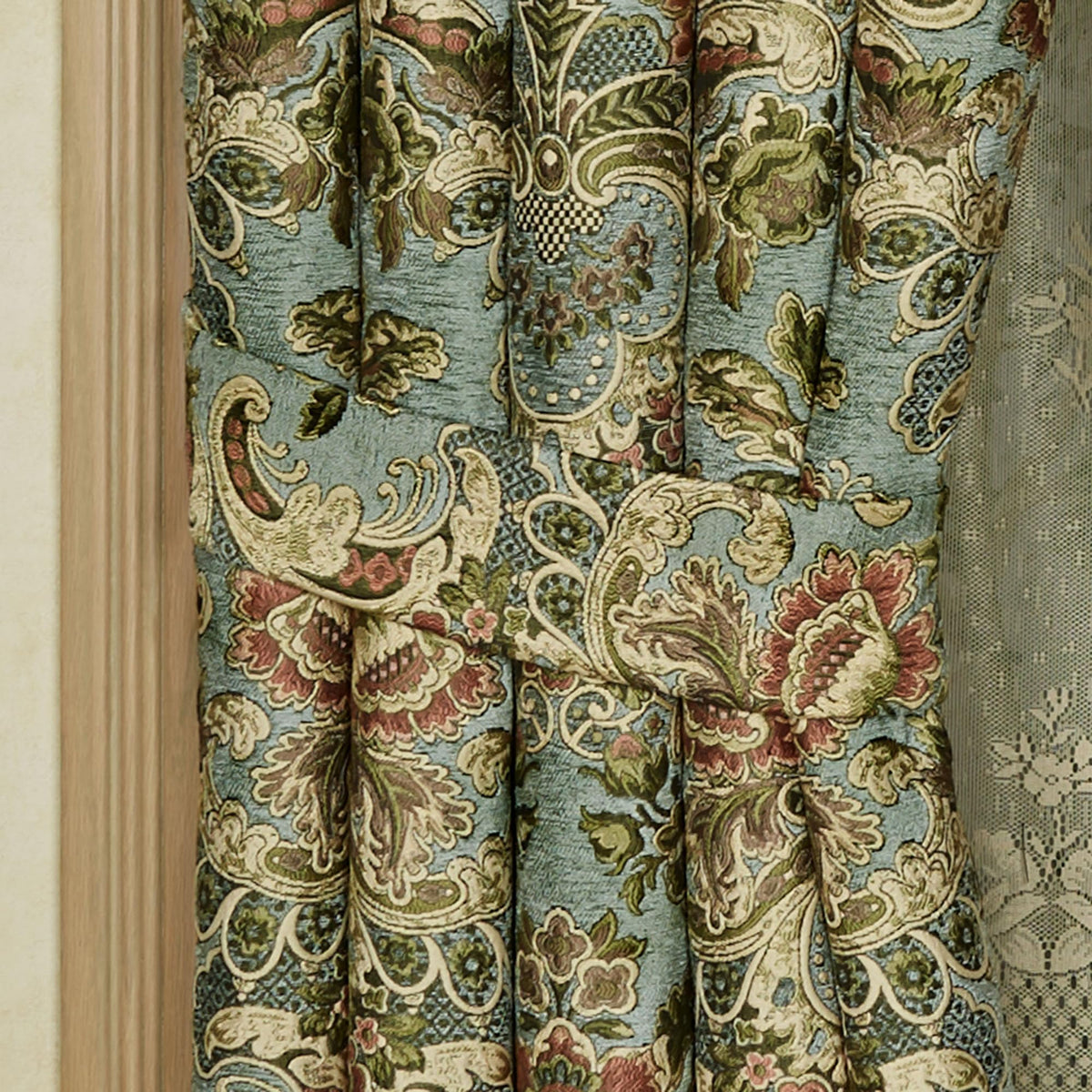 Calais Chateau Traditional Luxury Window Treatments | Soft Teal Chenille | Colorful Pastel Woven Classic Jacobean Florals | Lined Drapery Set Includes 3 Embroidered Ascot Valances & 95L Curtain Pair