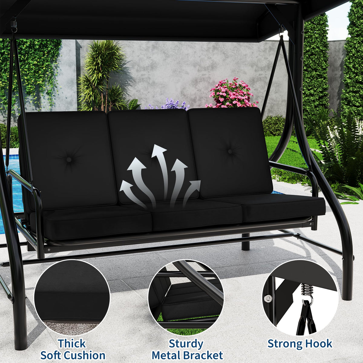 Garvee 3 Seater Outdoor Porch Swing with Stand for Adults, 2-in-1 Convertible Design Patio Swing, Thick Soft Cushion & Adjustable Removable Canopy, for Backyard Garden Patio Poolside - Black