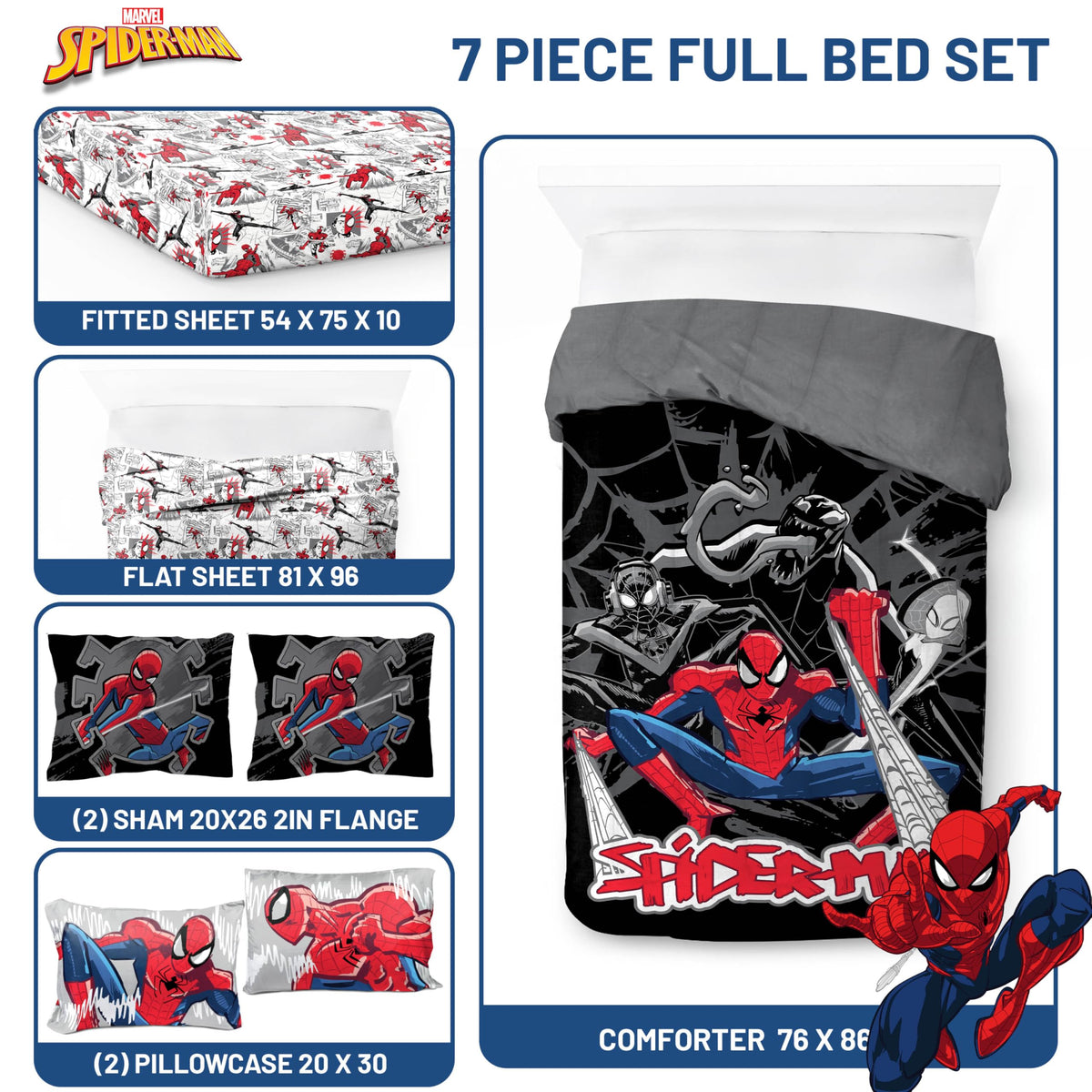 Jay Franco Kids Bed Set, Black, Spiderman, 7 Piece Full