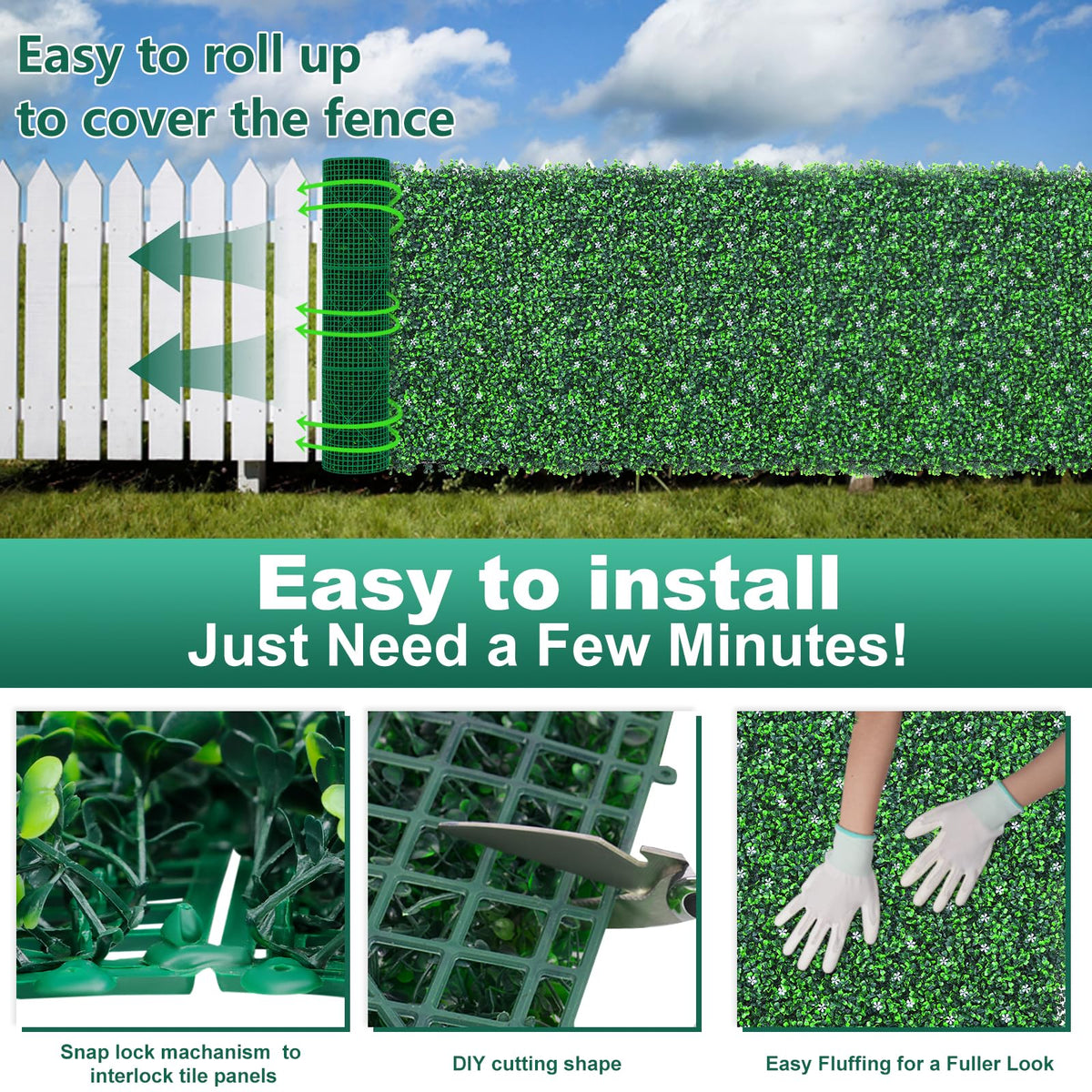 Yangrass Boxwood Roll Panels with White Flower, 48"x120" (40 sqft) Artificial Ivy Privacy Fence Screen, UV-Anti Faux Boxwood Roll Grass Wall Panels for Garden Patio Balcony Decor