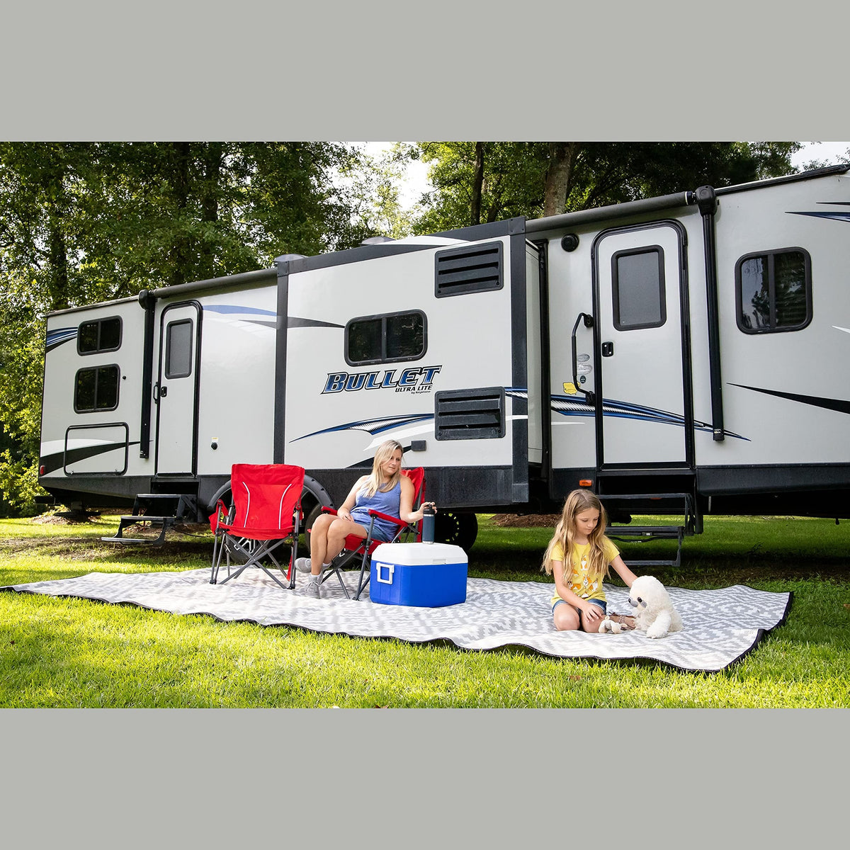 Mountain Mat Earth-Friendly RV Patio Mat Size 8' x 16' for Campers, Campsites - Premium 5 mm Thick Heavy Duty, Waterproof, Reversible Rugs Recycled Polypropylene, with Carry Bag (8' x 16', Grey)