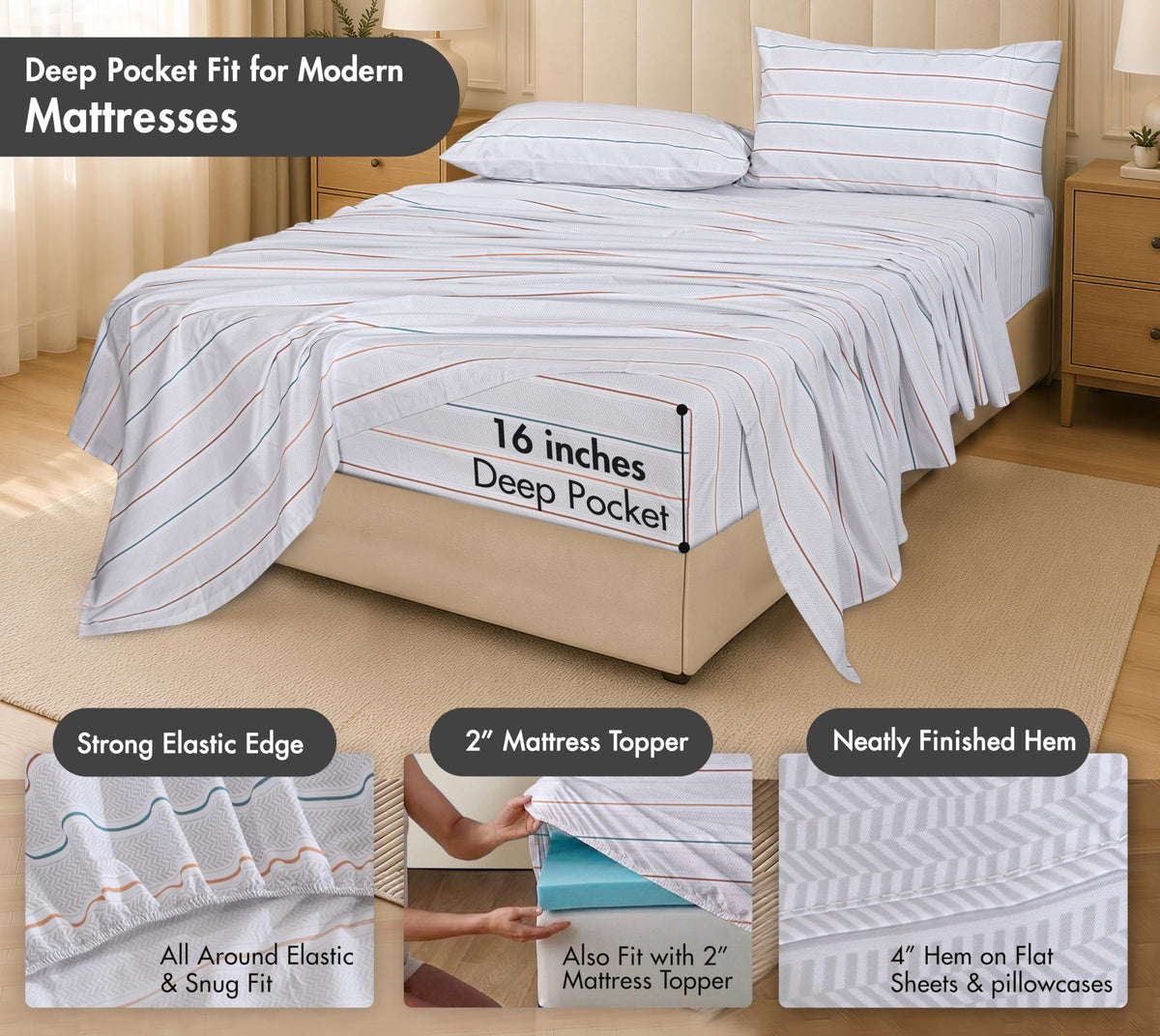RUVANTI 100% Cotton Percale Sheets Full Size – Crisp Cooling Bed Sheets for Hot Sleepers, Deep Pocket 16”, Soft Breathable & Durable Hotel-Style 4 Piece Set, Chevron Twill Stripe