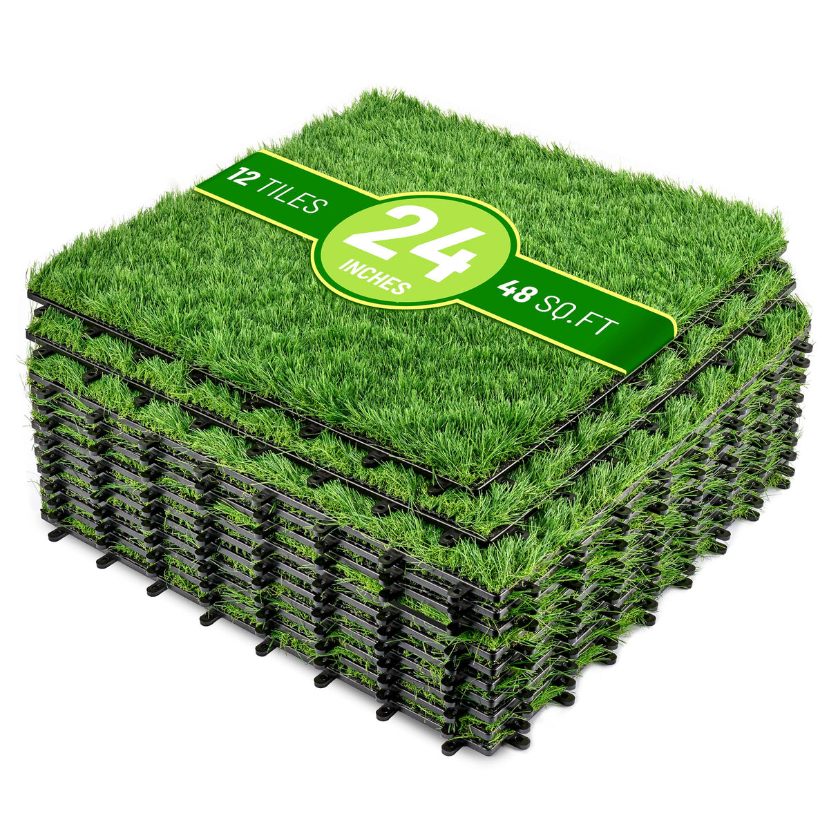 Sorbus 48Sq. Ft. Artificial Grass Tiles – Interlocking 24"x24" Fake Grass Mats for Balcony, Patio, Deck Flooring, Pets & Dog Pee Pad – Self-Draining Turf Squares with 8-Buckle System for Outdoor Decor