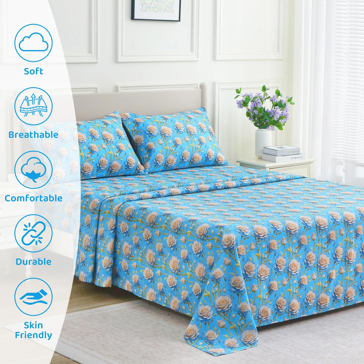 Mooreeke Cozy Floral Microfiber Printed Twin Sheet Set - Soft & Breathable 3D Rose Bed Sheets with Deep Pocket - Non-Slip Fitted Design - Blue White Rose Pattern - Full