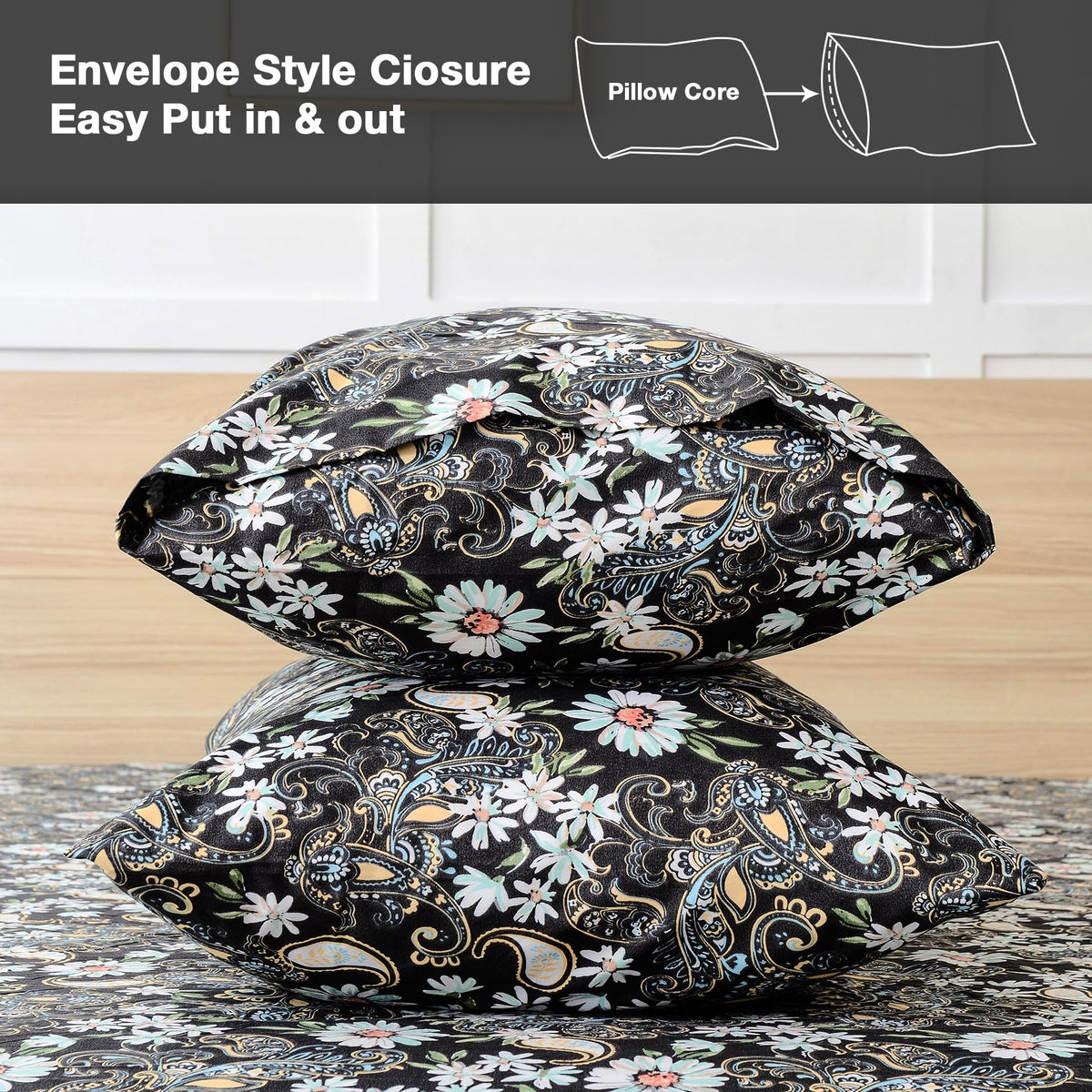 JSD Black Paisley Floral Printed Sheet Set King Size 6 Piece, Soft Pattern Microfiber Bed Sheets Extra Deep Pocket