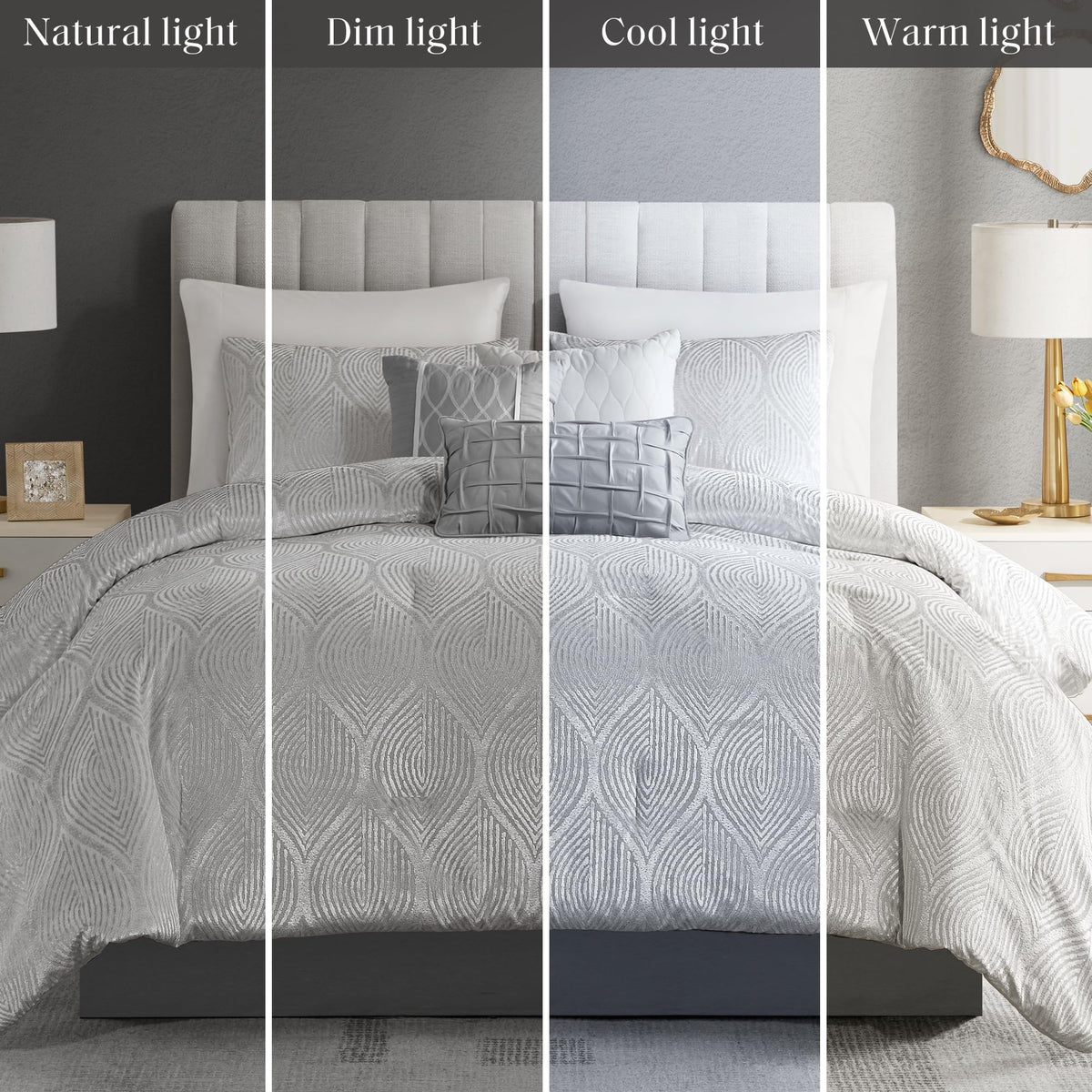 Madison Park 7-Piece Velvet Comforter Set, Jacquard Bedding Sets for All Season, Includes Comforter, Bed Skirt, Pillow Shams and Decorative Pillow, Queen/King/Cal King, Nocturne, Grey