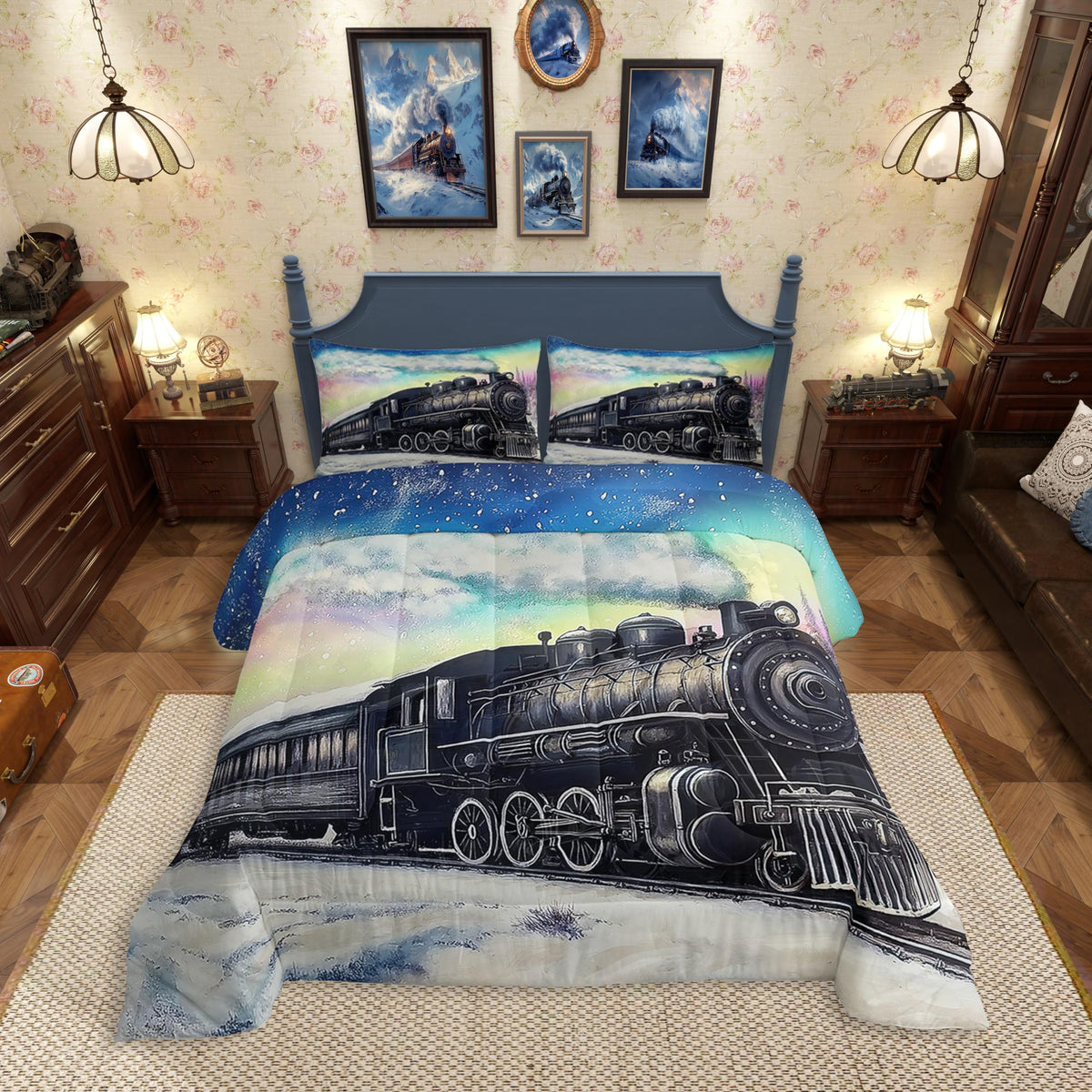 Erosebridal Aurora Train Twin Bedding Set,Railroad Steam Train Comforter Set for Kids Boys Girls,Transportation Vehicle Bed Comforter Sets Winter Snow Scene Quilt Bed Set 2Pcs Room Decor