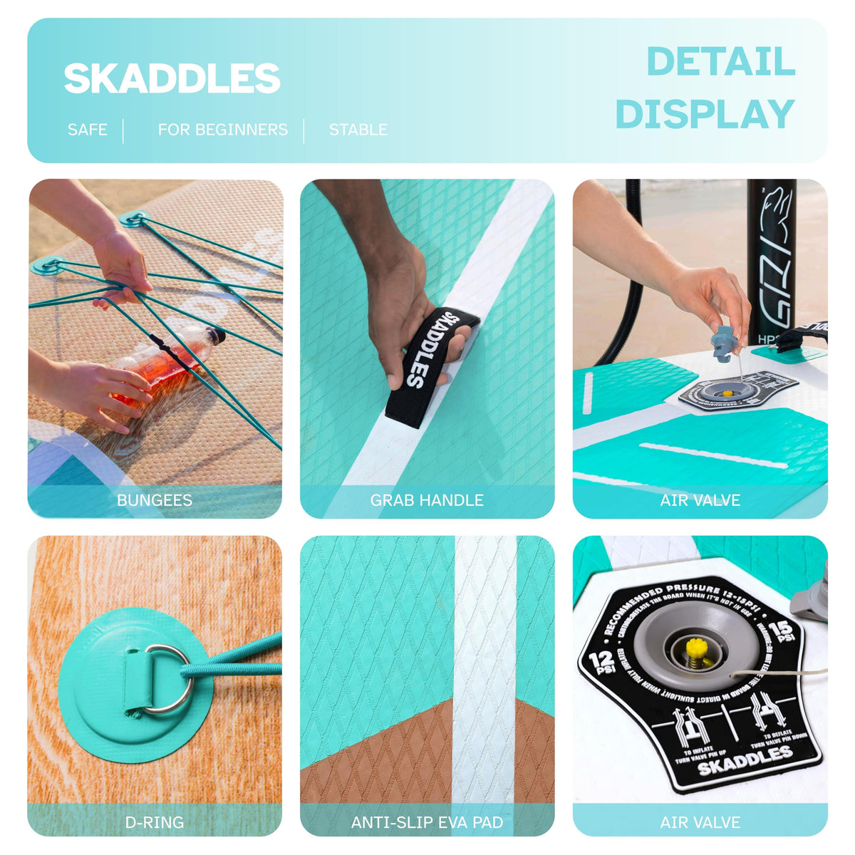 SKADDLES 10’6’’ Inflatable Stand Up Paddle Board (SUP) for Adults and Youth with Non-Slip Deck – Complete Accessories Kit, Perfect for Fishing, Yoga, Fitness & Family Fun (Mint Green Wood Grain)