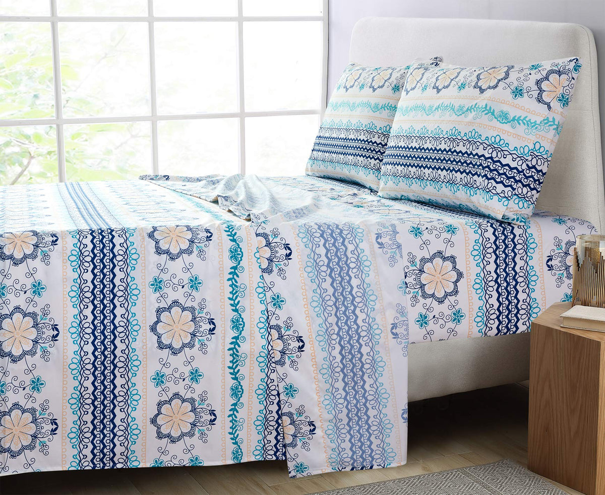 JSD Blue Boho Printed Sheet Set King Size, 4 Piece Soft Floral Microfiber Sheets Extra Deep Pocket
