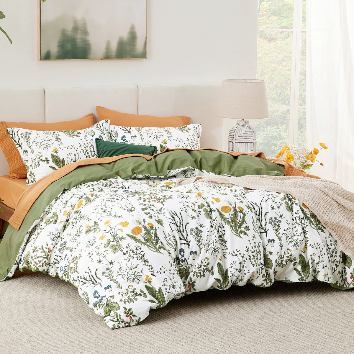 Bedsure Duvet Cover Queen Size - 100% Cotton Reversible Floral Queen Duvet Cover Set with Zipper Closure, 3 Pieces Soft & Breathable PureWoven Green Bedding Set with 2 Pillow Shams 20"x26"
