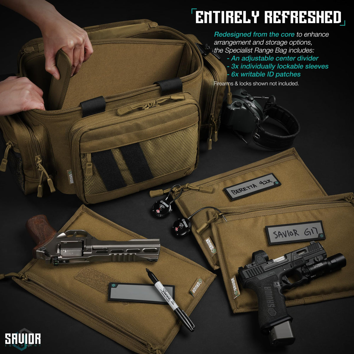 Savior Equipment Specialist Series Tactical Triple Pistol Shooting Range Hunting Duffle Bag Gun Carrying Case, Rigid Compartment Frame, Lockable Zippers (Dark FDE, 18" x 9" x 12" Range Bag)