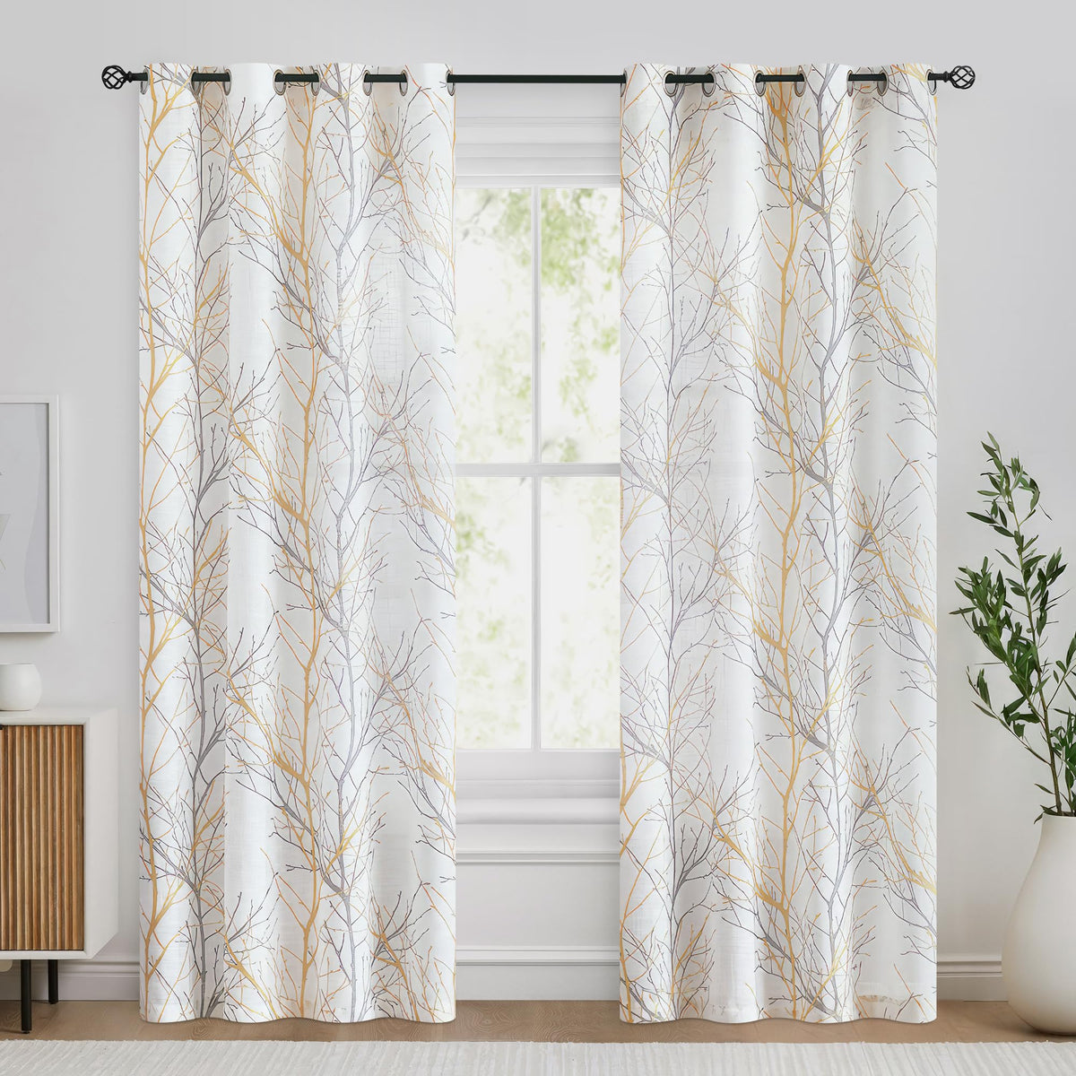 FMFUNCTEX Linen Semi Sheer Curtains for Bedroom, Yellow White Curtains 84 Inches Long for Living Room, Grey Tree Branch Print Curtain Light Filtering Farmhouse Window Drapes, Grommet Top 2 Panels