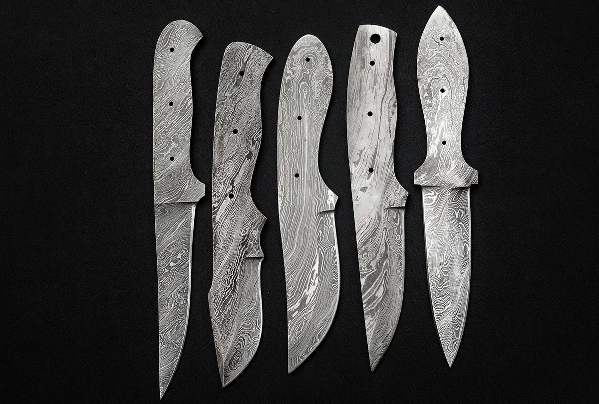 5 pieces set of 8 to 9.5 inches long hand forged twist pattern Damascus steel blank blade skinning knife set, Over all 44 inches long blades compact pocket knife blanks, knife making supplies