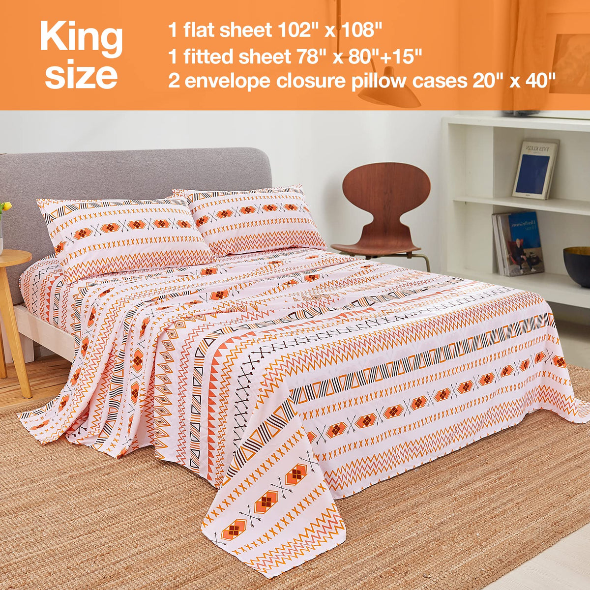 JSD Geometric Printed Sheet Set King, 4 Piece Soft Orange Pattern Microfiber Sheets Extra Deep Pocket