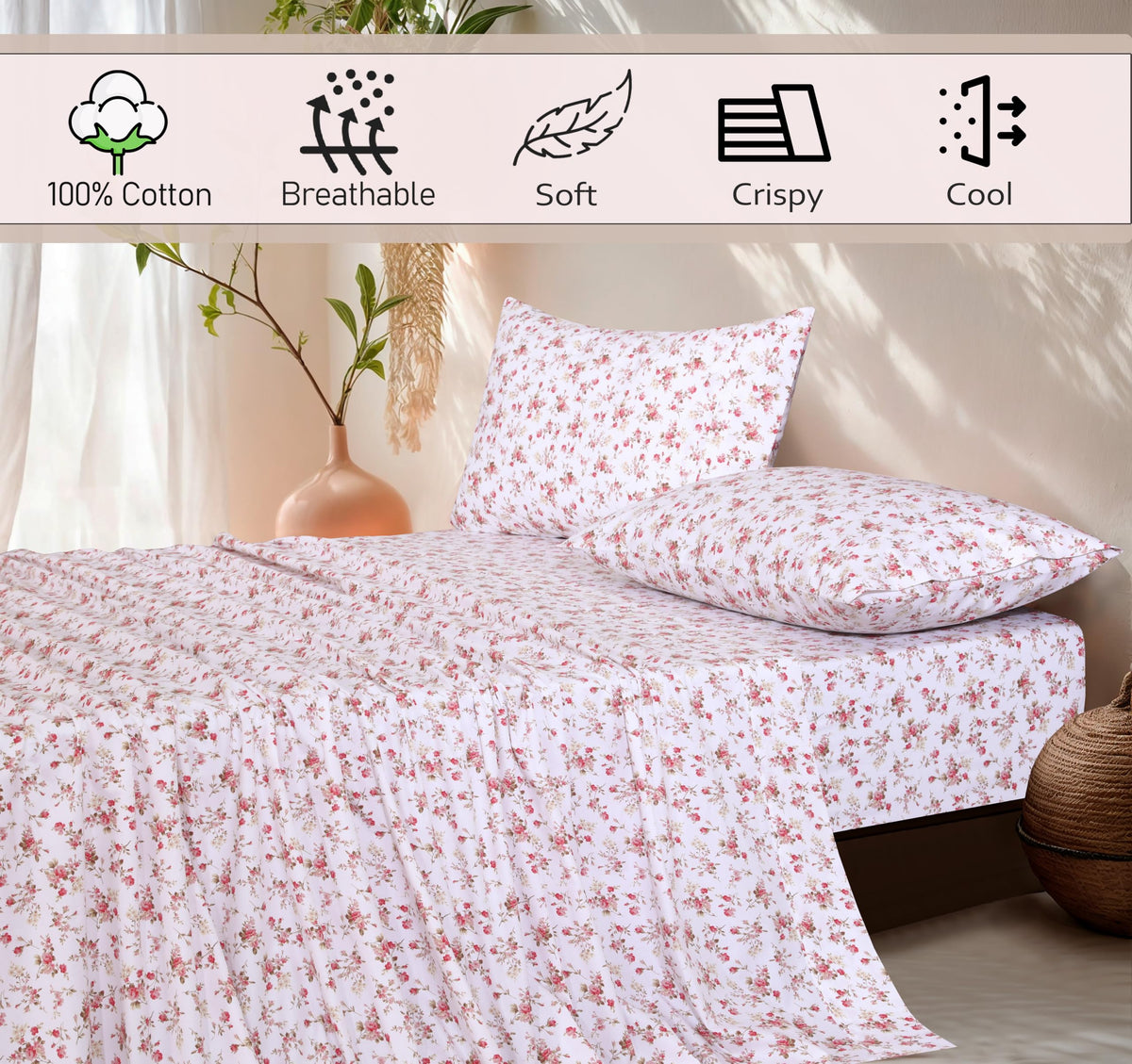 RUVANTI 100% Cotton Percale Sheets Queen Size, Bouquet