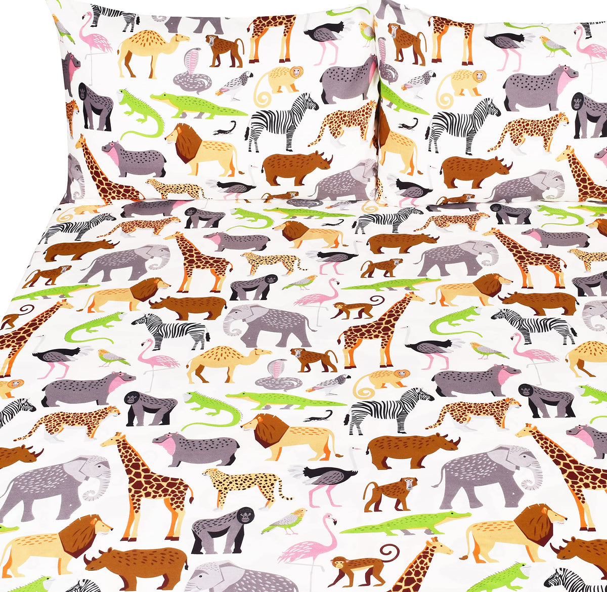 J-pinno Jungle Animals Leopard Zebra Elephant Snake Full Sheet Set Kids Boys Bedroom Decoration Gift, 100% Cotton, Flat Sheet + Fitted Sheet + Pillowcillowcase Bedding Set (15, Full)