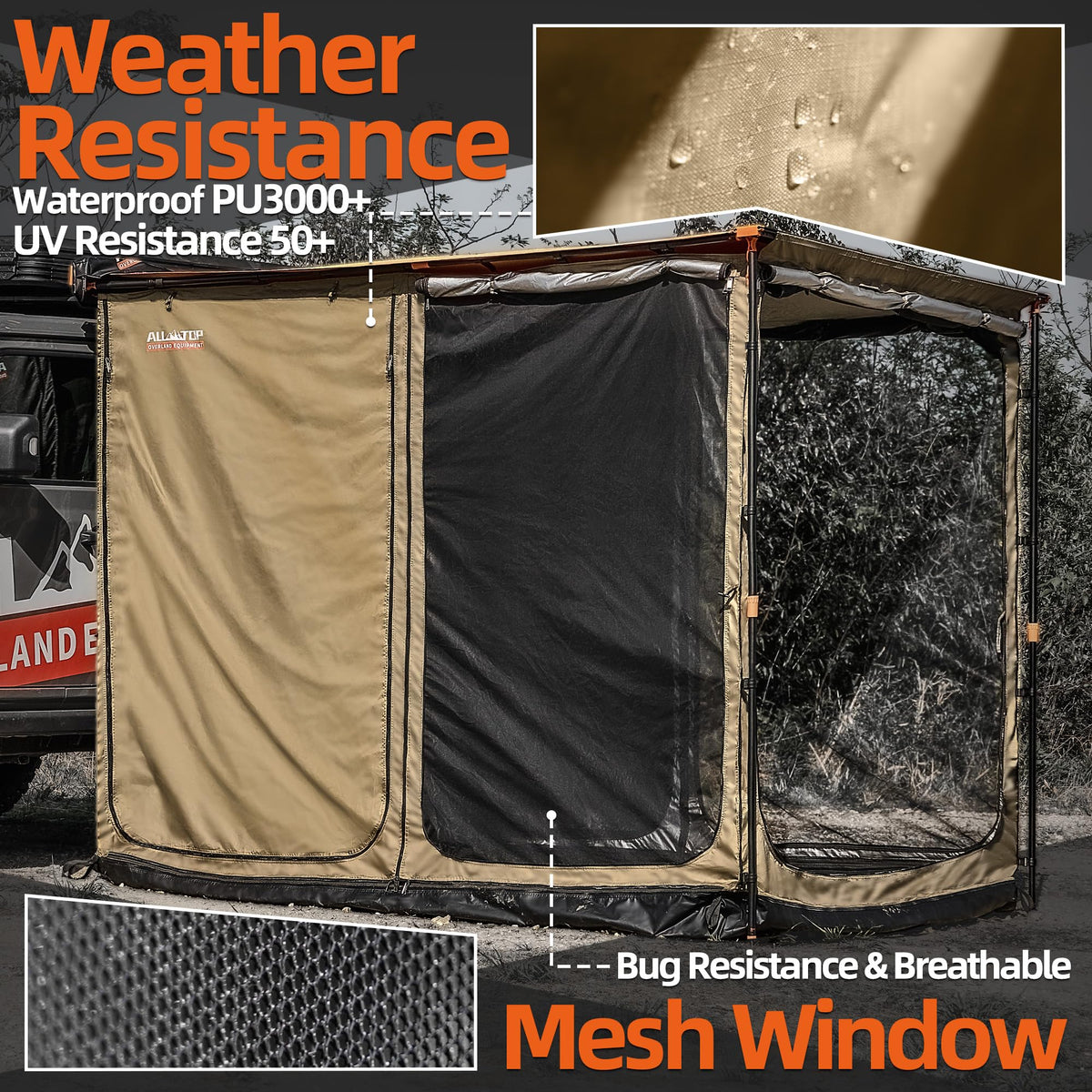 ALL-TOP Awning Room with Floor 6.6' x 8.2' Rip-Stop 420D Oxford Awning Tent with Bug-Resistance Mesh, Waterproof Sun Shelter for Overland, Camping(Room Only)