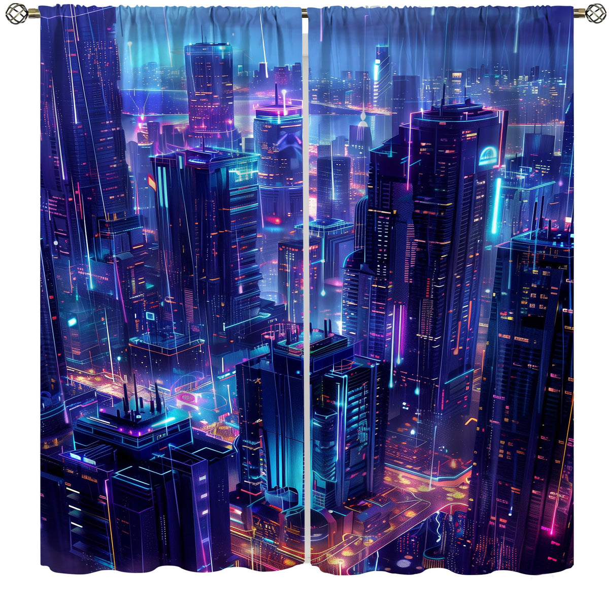 VUMIVI Gaming Curtains Cyberpunk Futuristic City Rain Skyscrapers Blue-Toned Fantasy Landscape Rod Pocket Window Treatments for Boys Girls Gaming Bedroom Sci-Fi Tech Expo 42" W X 44.5" L