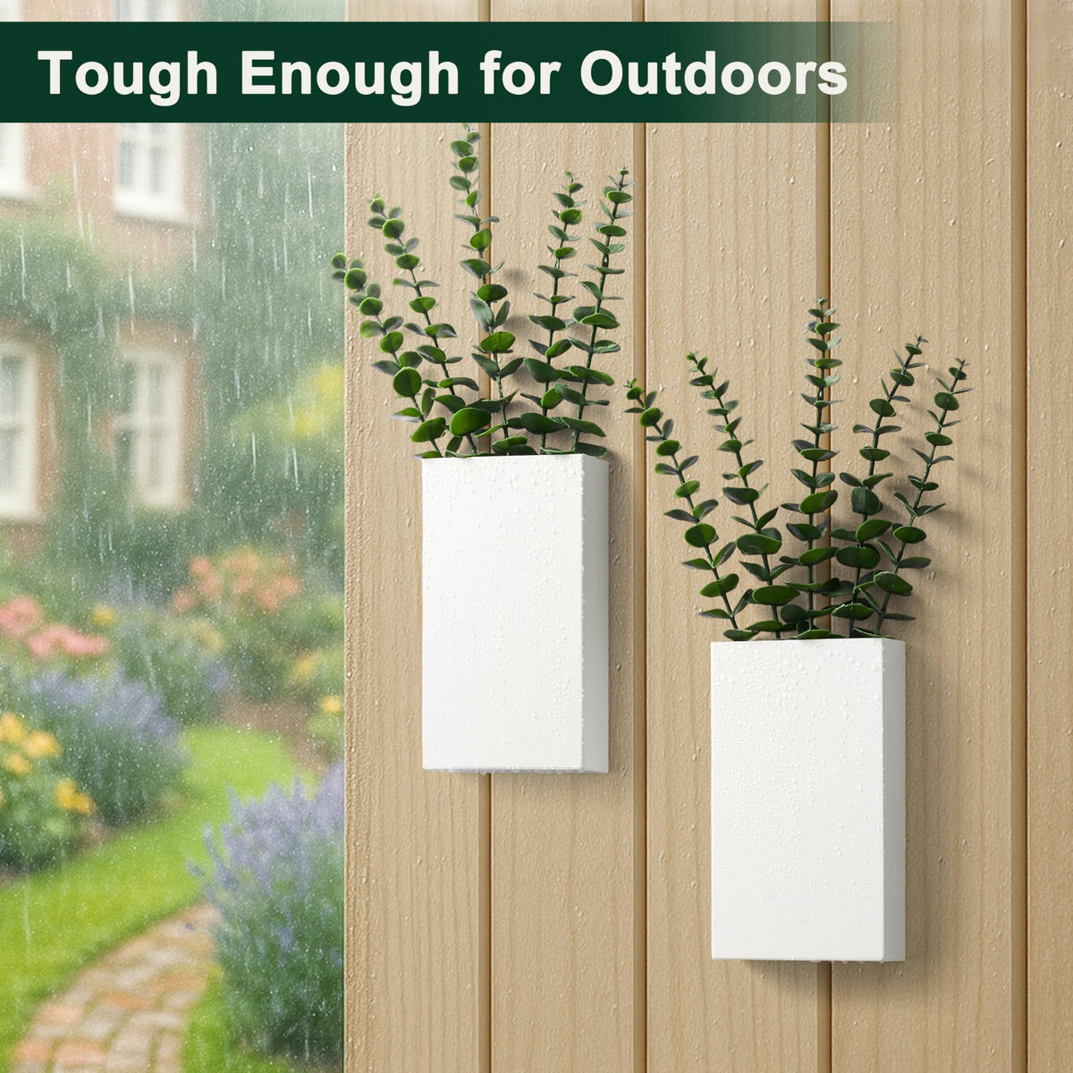 2 Pack Metal Wall Planter Vases Decor with Artificial Eucalyptus, Modern Farmhouse Rustic Hanging Pocket Planters for Indoor Greenery and Flowers, Living Room Bedroom Kitchen Decoration, White