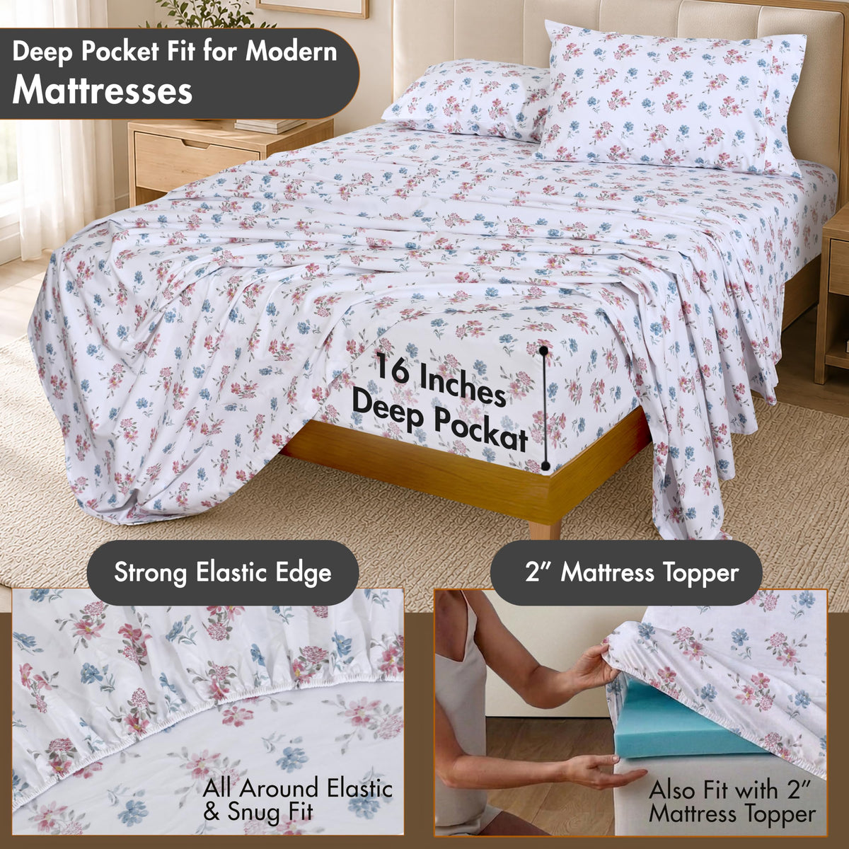 ZOYER 100% Cotton Sheets – Full Size Percale Bedding, Cooling & Breathable, Durable with a Crisp, Soft & Comfortable Feel, 16" Deep Pocket, 4-Piece Set, Flora Rhapsody