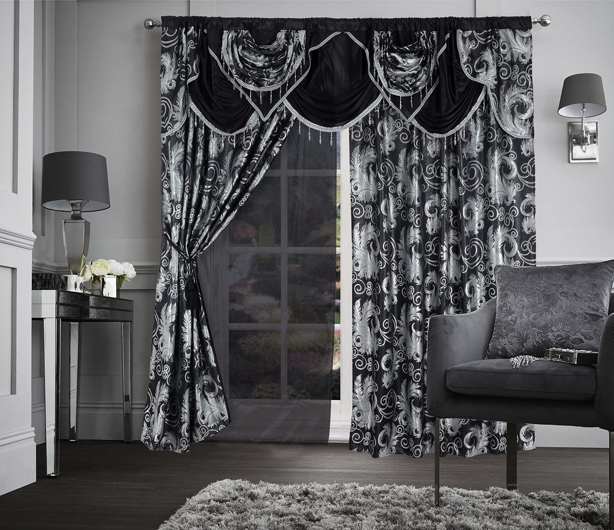 GLORY RUGS Jacquard Luxury Window 2 Panel Set Black Curtain with Attached Valance and Backing Bedroom Living Room Dining 2 Curtains 55x84 inches Each Jana