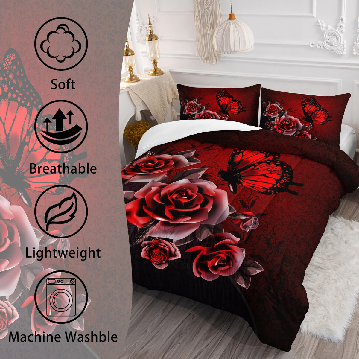 AILONEN Butterfly Comforter Set Queen Size, Red Rose Butterfly 3D Print Style Bedding Set for Teens Girls Women,Butterfly Art Pattern Soft Lightweight Duvet Set 3 Pieces(1 Comforter + 2 Pillowcases)