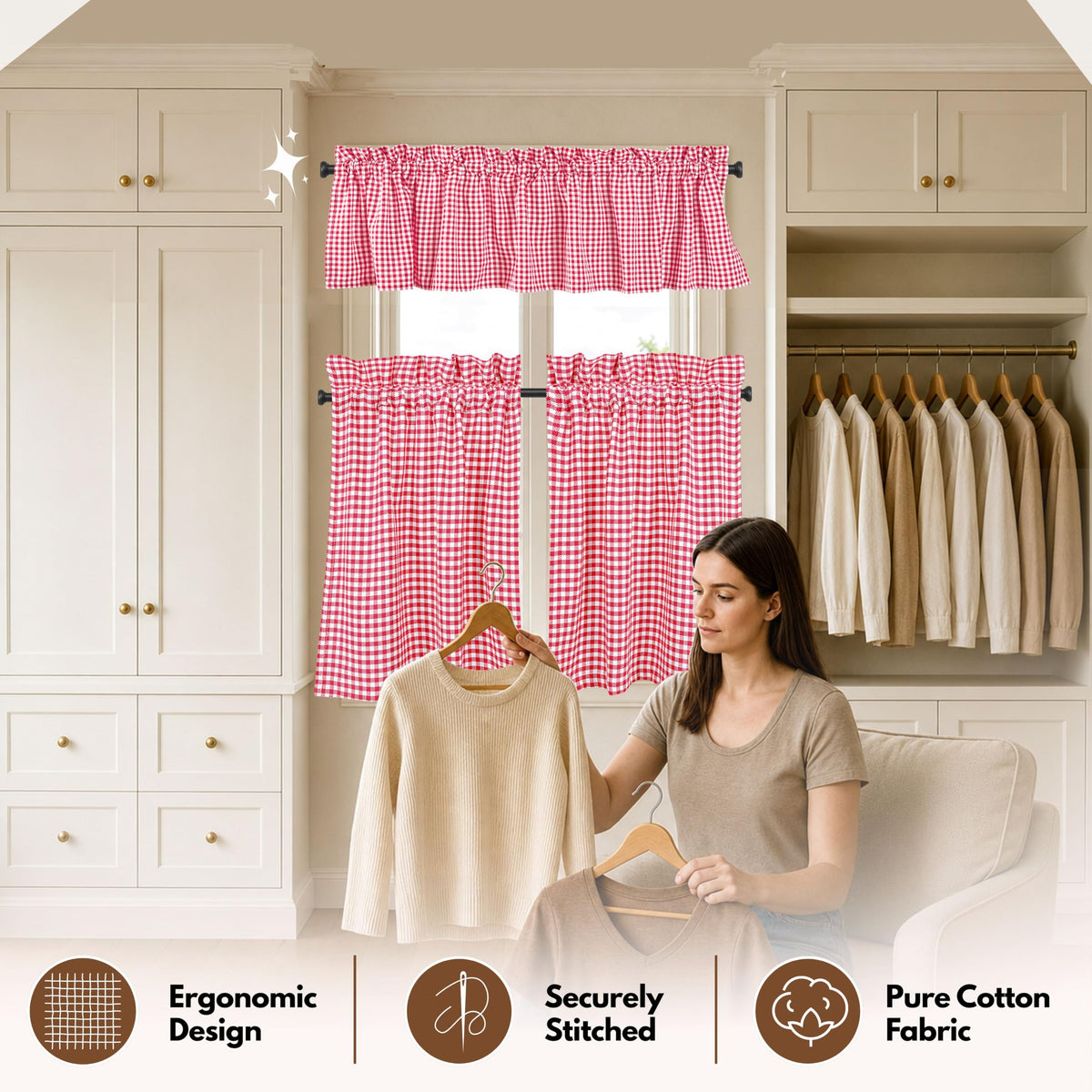Native Fab Gingham Check 3 Pieces Window Curtain Tiers 26"x36" and Valance 54"x18" Set - Rod Pocket - Semi Sheer - Farmhouse Small Curtain for Kitchen, Bedroom, Living Room - Red and White