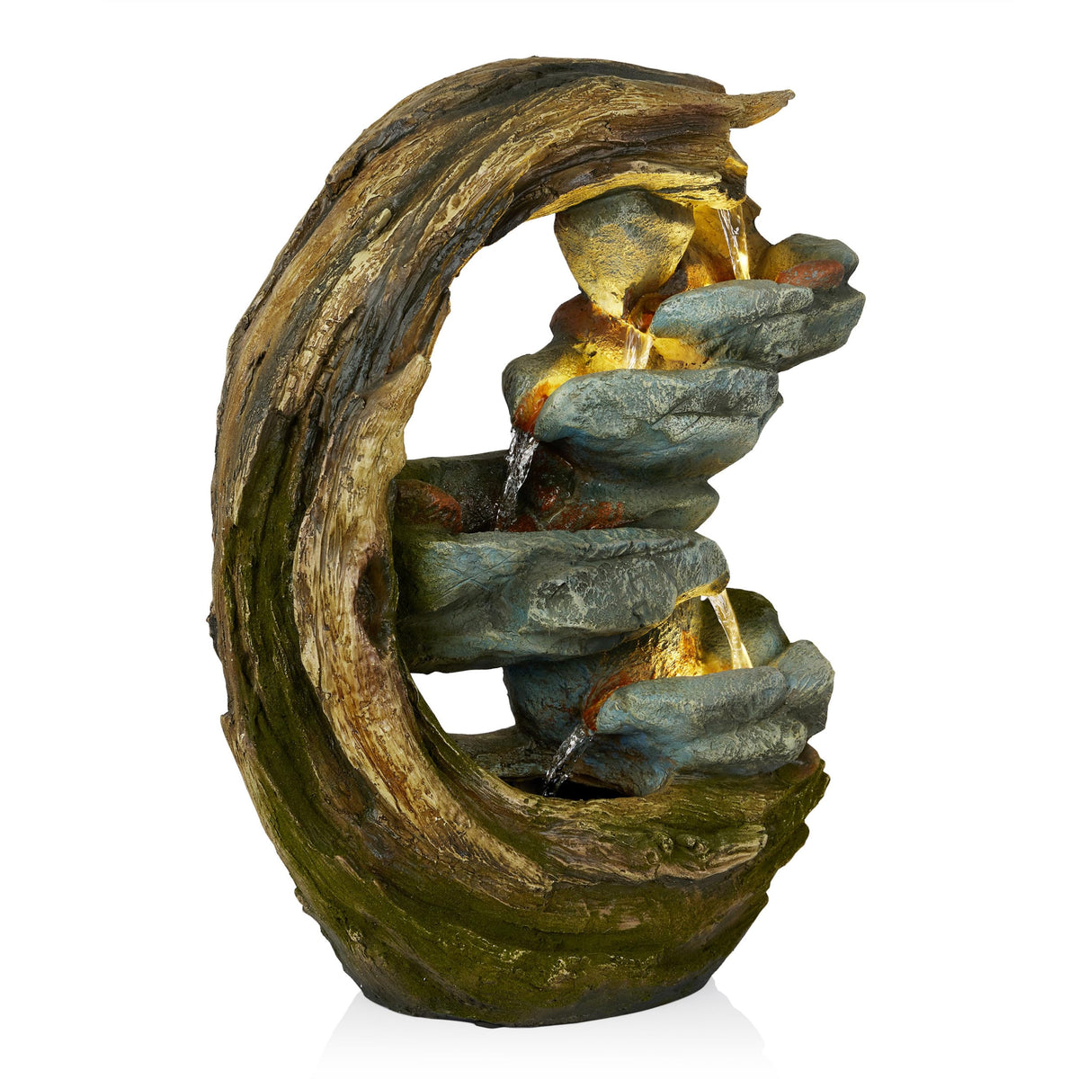 Alpine Corporation WIN1554S Outdoor Curved Trunk and Stone Floor Fountain with Warm White LED Lights, Tiered Garden Decor, 24" H, Brown