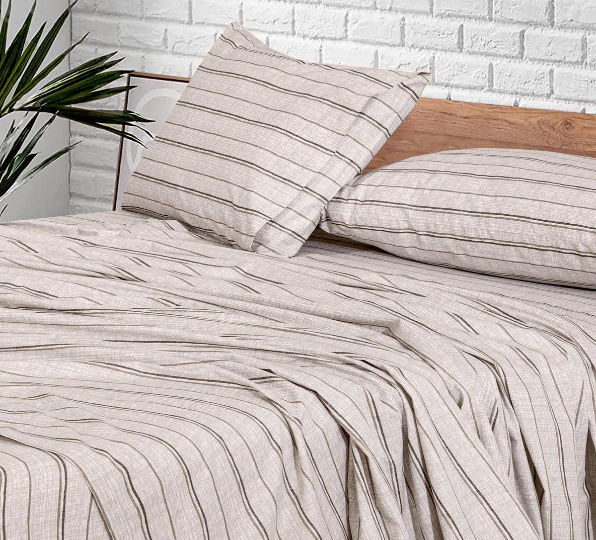 RUVANTI 100% Cotton Percale Sheets, Full Size, Brown Stripes