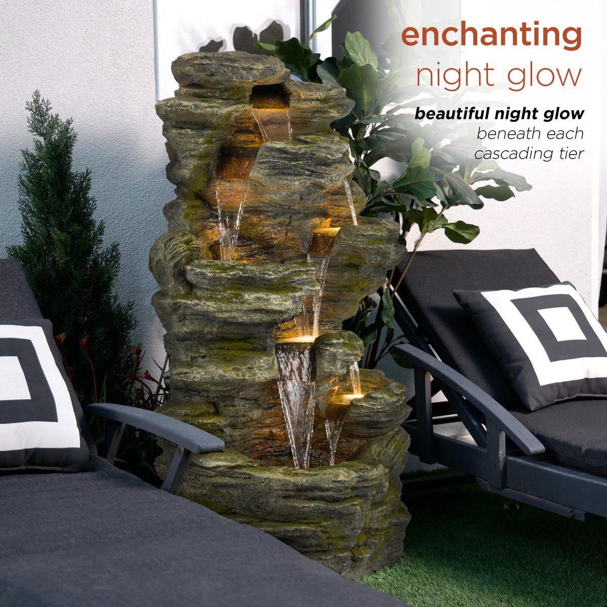 Alpine Corporation WIN1092 Outdoor Multitiered Rock Waterfall Floor Fountain with Warm White LED Lights, 51" Tall, Brown