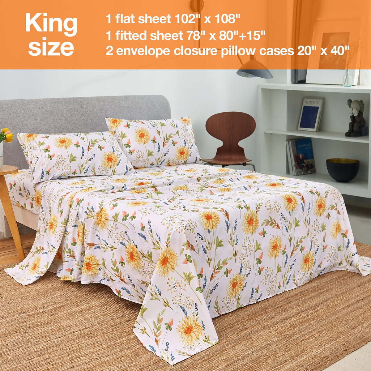 JSD Yellow Floral Printed Sheet Set King Size, 4 Piece Soft Botanical Microfiber Bedding Sheets Extra Deep Pocket