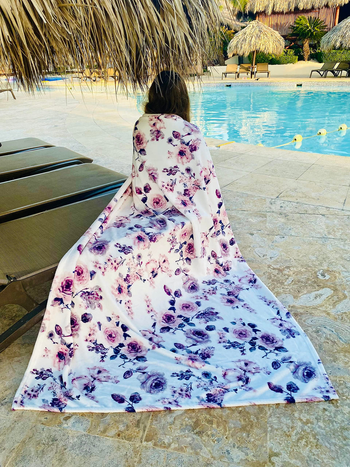 Decorative Floral Fleece Throw Blanket: Velvety Soft Plush Rose Flower Accent for Couch or Bed, Blush Pink Purple Navy Blue Grey on White, Oversized 50" x 70" Inches