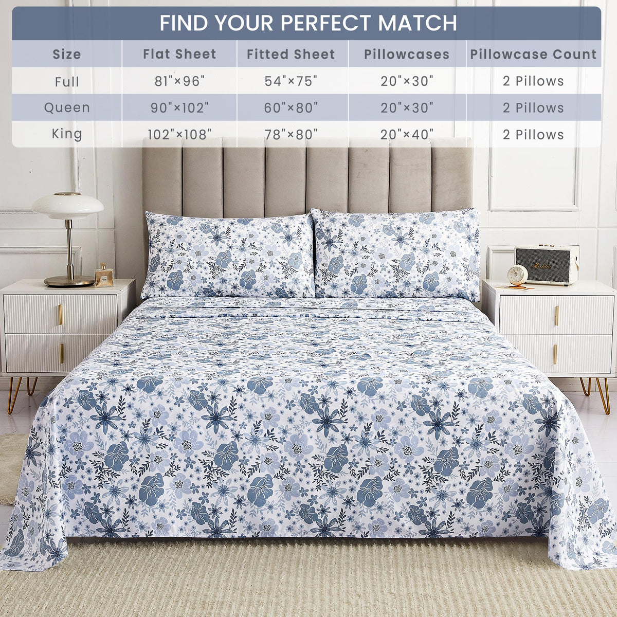 Mooreeke Full Size Sheets Set - 4 Piece Soft Breathable Microfiber Bed Sheet Set - Blue & White Flower Pattern Sheet Set Full - Deep Pocket Non-Slip Floral Fitted Sheet Included for All Season