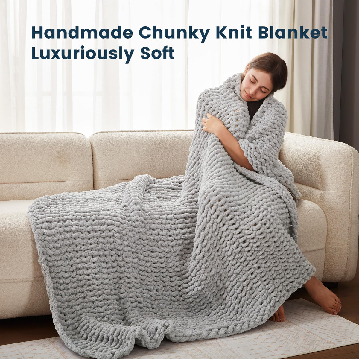 SLEEP ZONE Chunky Knit Throw Blanket for Couch, Throw Blankets for Bed - Hand Made Cozy Soft Large Rope Knot Heavy Blankets Home Decor (Grey, 40x50in)