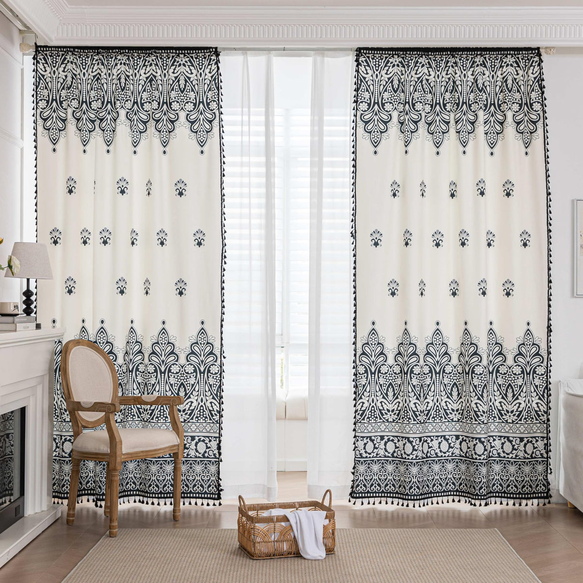 Erbnaryx Black Damask Curtains 72 Inches Long, Boho Farmhouse Light Filtering Rod Pocket Drapes with Tassel Trim for Bedroom Living Room, 2 Panels