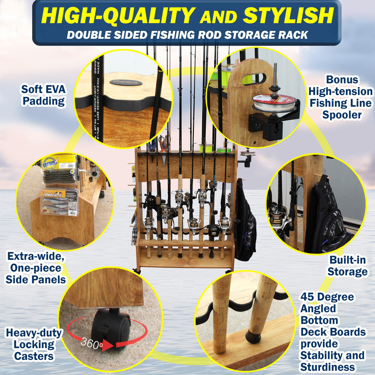 Rush Creek Creations 16-Rod Rolling Fishing Rod Rack with Line Spooler – Tackle Storage, Tool Holder, Lure & Line Organizer, Accessory Pegs – Portable Gear Station for Anglers