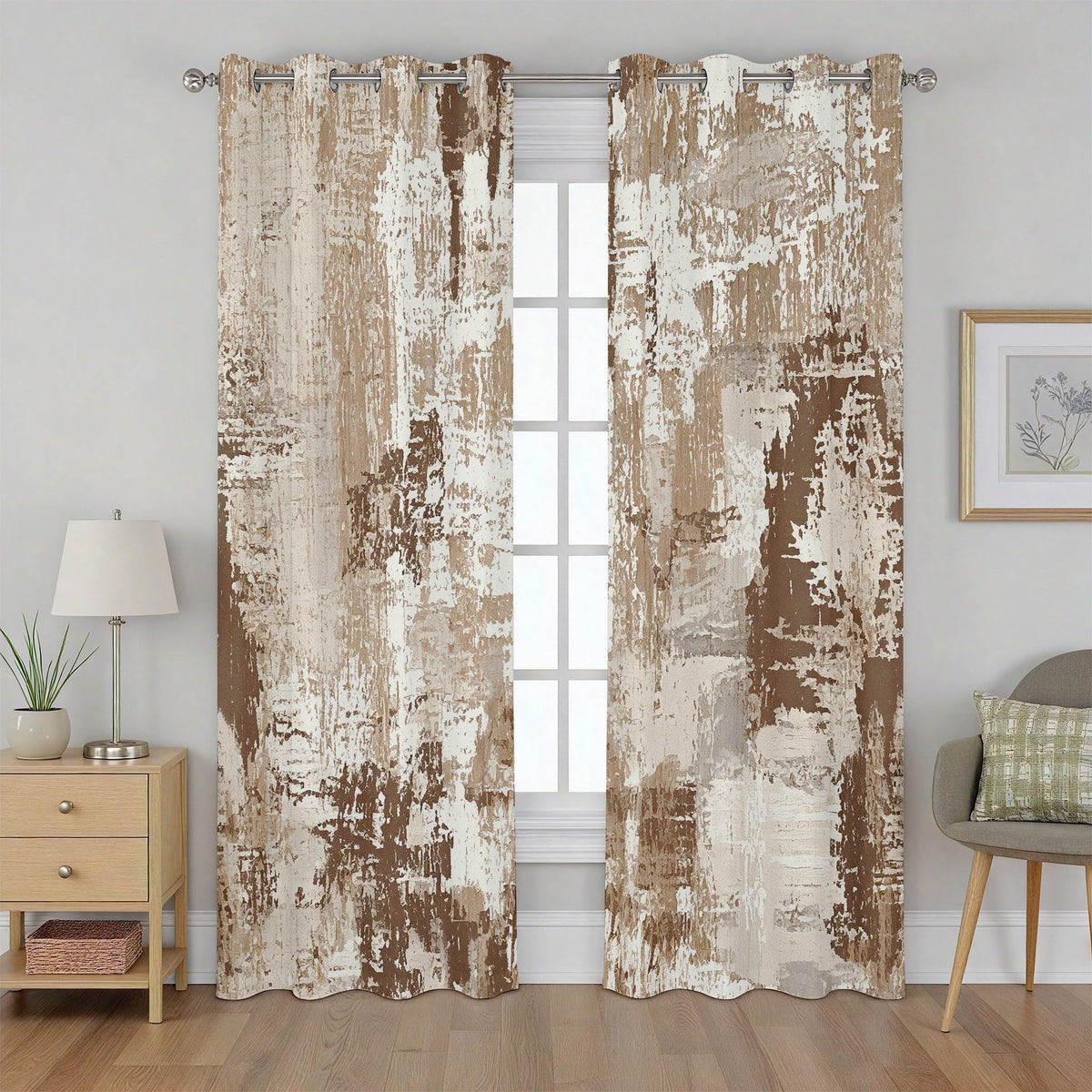 Rufxnn Abstract Curtains, Modern Distressed Curtain Blackout, Contemporary Neutral Curtains 63 Inch Length, Minimalist Brown Drapes for Living Room Bedroom, Grommet Room Darkening Curtain 2 Panel Set
