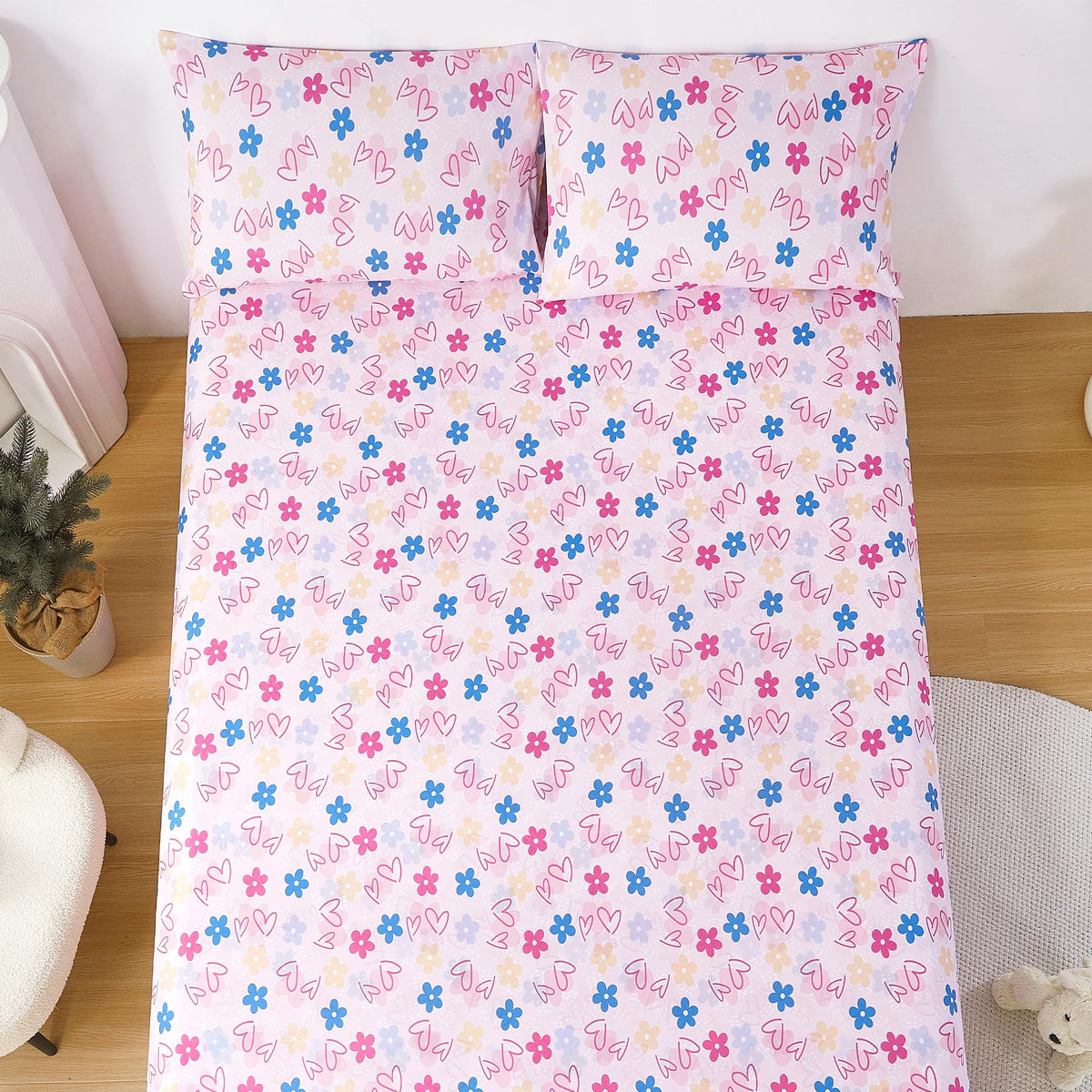 CozySmile Twin Sheet Set Kids,3 Pieces Breathable Soft Microfiber Bedsheets for Child Girls, Oeko-TEX, Anti Pilling Deep Pockets Easy Care Bed Sheets, Heart