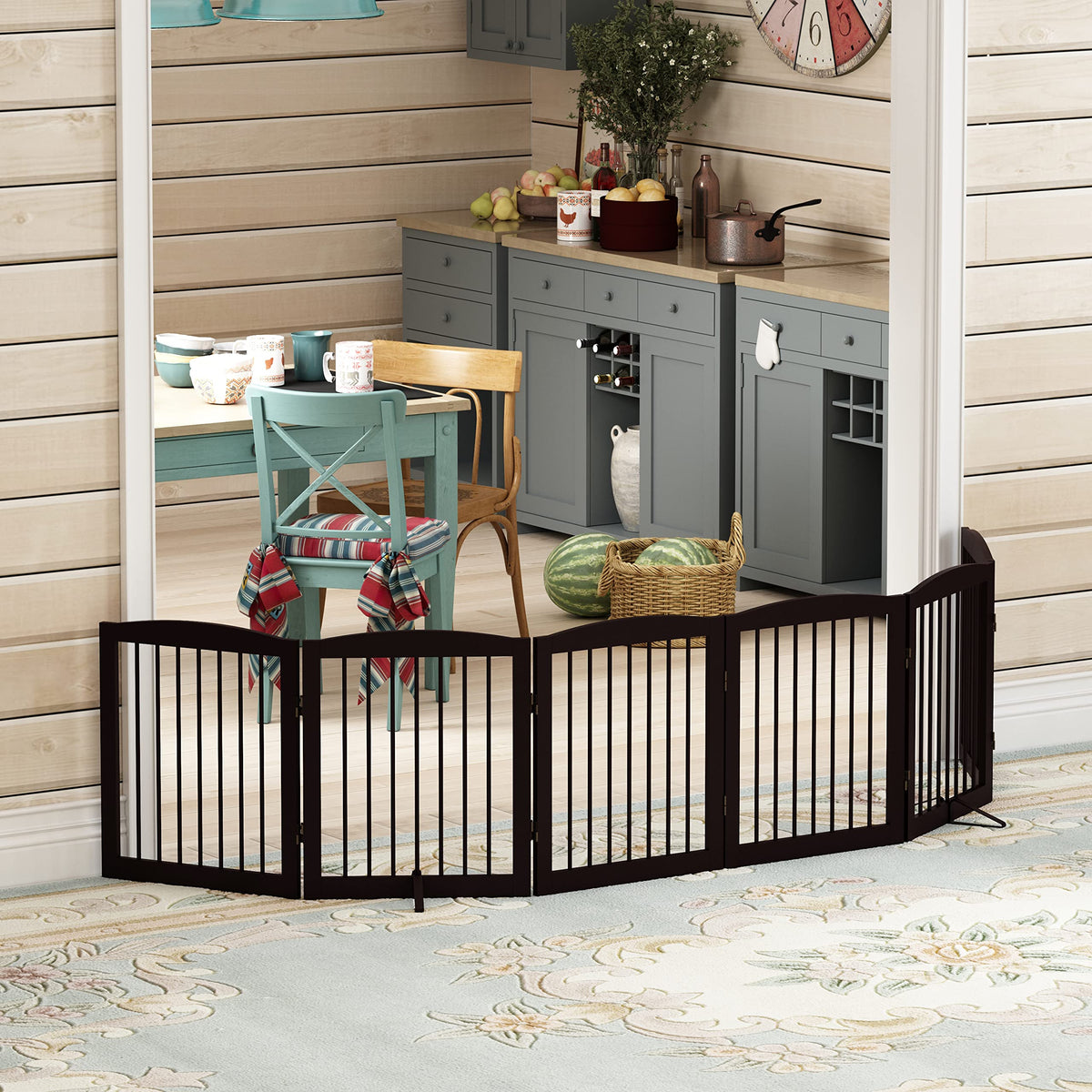 PUPETPO Freestanding Pet Gate for Dogs, Foldable Wooden Dog Gate for House, Extra Wide Indoor Pet Barrier for Stair, Doorway, Hall, Support Feet Included, 120 Inch Wide, 6 Panels 24", Brown