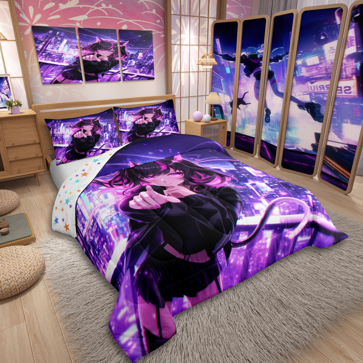 Erosebridal Kids Anime Girl Twin Size Bedding Set, Japanese Anime Comforter Set, Cartoon Girl Duvet Insert for Boys Teens Bedroom Decor, Kawaii Japanese Animation Quilt with 1 Pillow Case