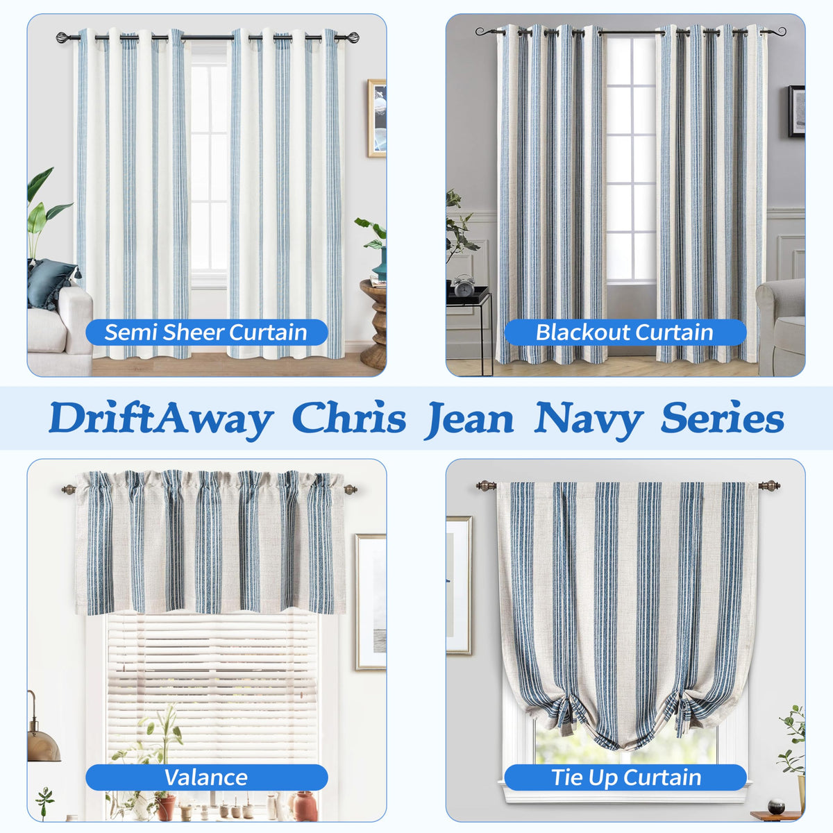 DriftAway Chris Double Layer Linen Blackout Tie Up Curtains Thermal Insulated Fully Lined Vertical Striped Balloon Roman Shade Bathroom Window Adjustable Rod Pocket 45 Inch by 63 Inch Jean Navy