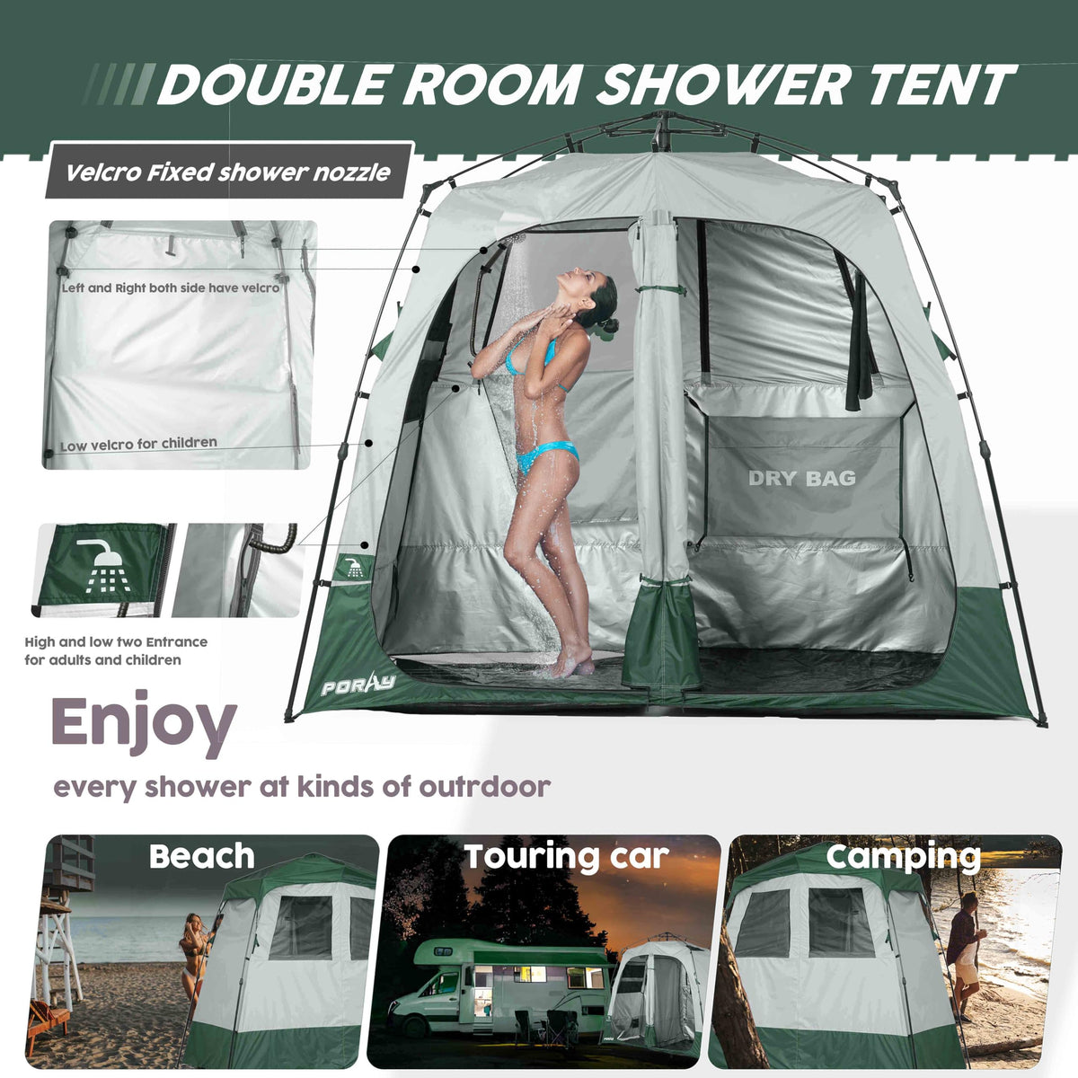 Porayhut Portable Camping Shower Tent Deluxe Changing Room Easy Set Up Privacy Shelter,Large Toilet Tent 2 Rooms with Floor Drain Design for Beach, Camping,Hiking with Stakes and Ropes for Stability