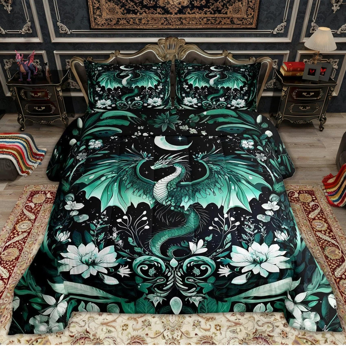 Feelyou Kids Dragon Comforter Set Full Size, Green Dragon Bedding Set Dragon Lovers Comforter for Kids Boys Girls Boho Duvet Insert Room Decor 3Pcs