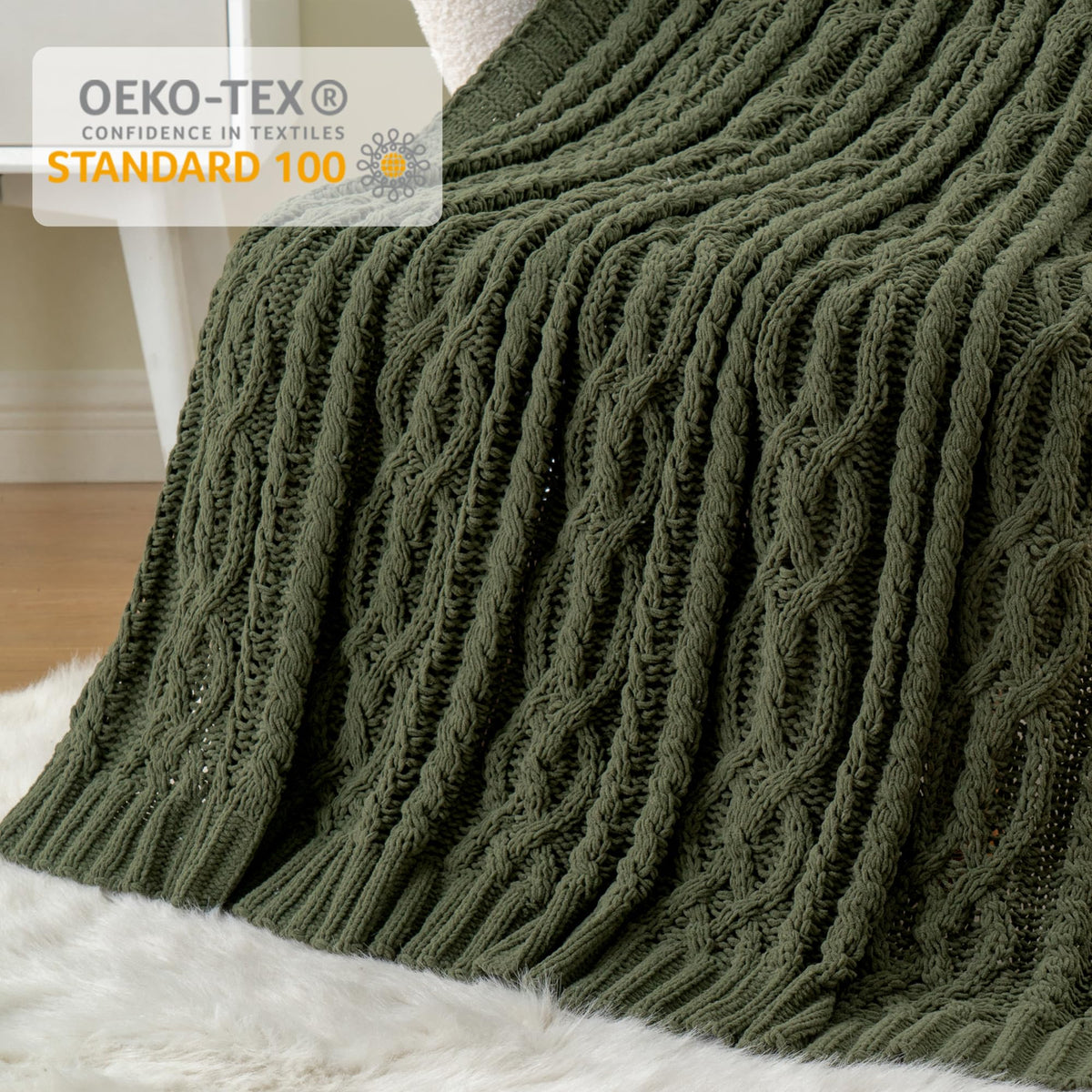 Battilo Olive Green Throw Blanket for Couch, Chunky Cable Knit Blanket, Woven Soft Cozy Chenille Throw Blanket for Bed, Sofa, Chair, Living Room, 51"x67"