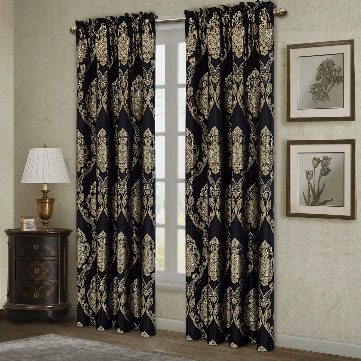 Loom and Mill Luxury Damask Curtains for Bedroom, Lined Thick Jacquard Blackout Curtains with Tiebacks, Window Curtain for Living Room Party Banquet Decor (2 Panels, 52 x 84 Inch, Black)