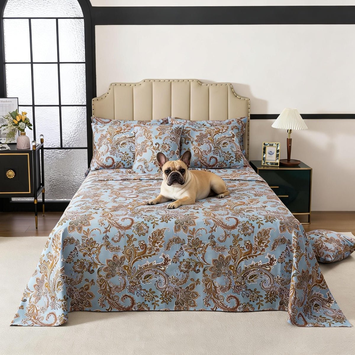 FADFAY Luxury Queen Percale Cotton Sheet Set – Elegant Vintage Blue Paisley Bedding, Ultra Soft & Breathable, Deep Pocket Fitted Sheet, Timeless French Country Heirloom Style, 4 Piece Set