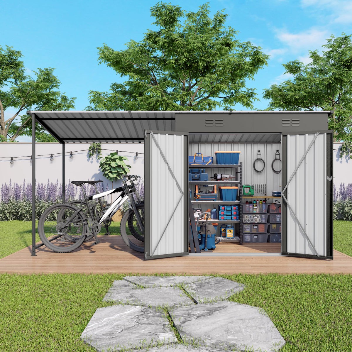KEIKI Storage Shed 6x4 FT, Small Metal Tool Shed with Gazebo for Outdoor Storage, Galvanized Steel Garden Shed with Lockable Doors for Patio, Backyard, Lawn, Grey