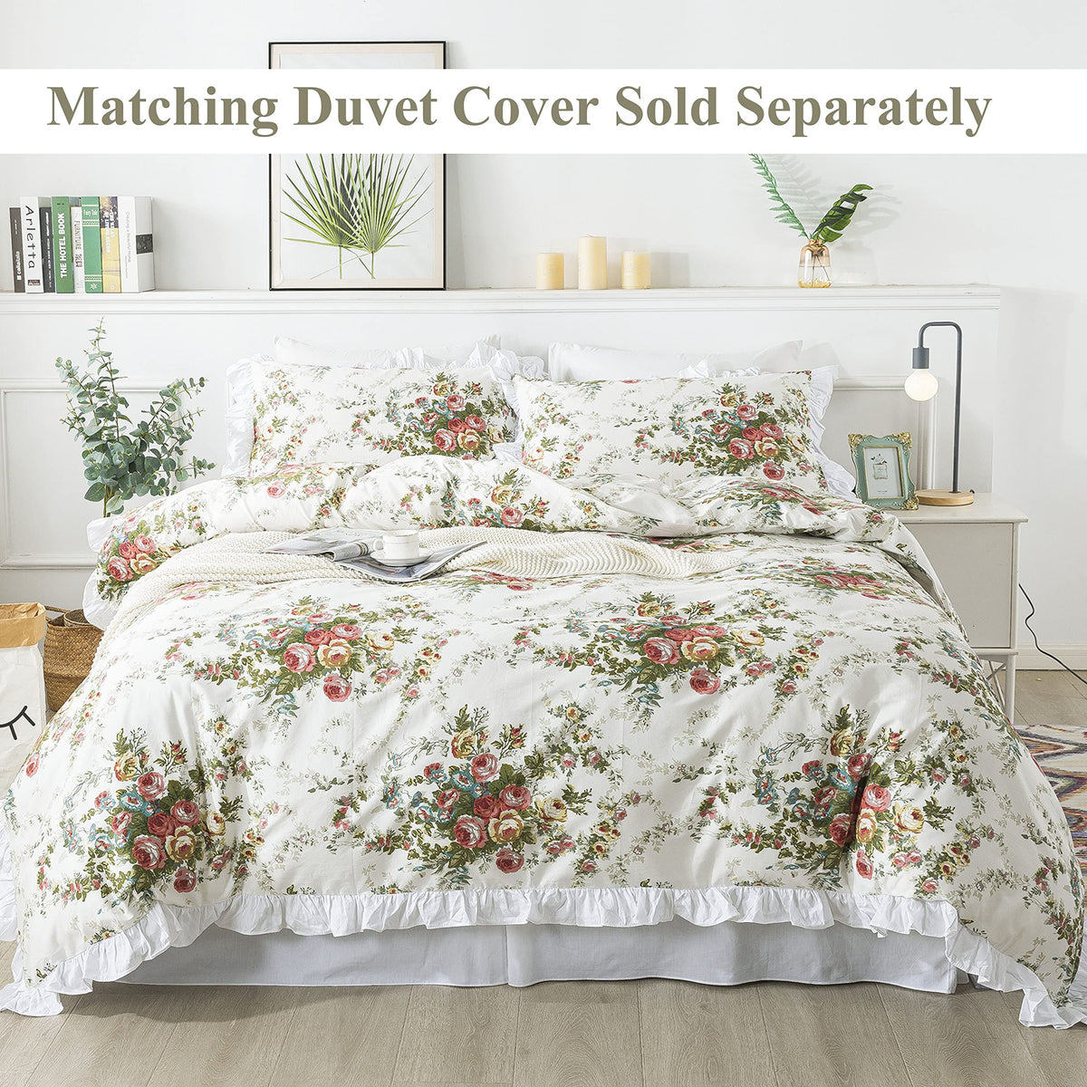 FADFAY Rose Sheets Floral Bed Sheets Queen 100% Cotton Off White Victorian Flower Printed Shabby Vintage Antique Bedding Soft Natural Cotton Deep Pocket Fitted Sheet 4Pcs, Queen