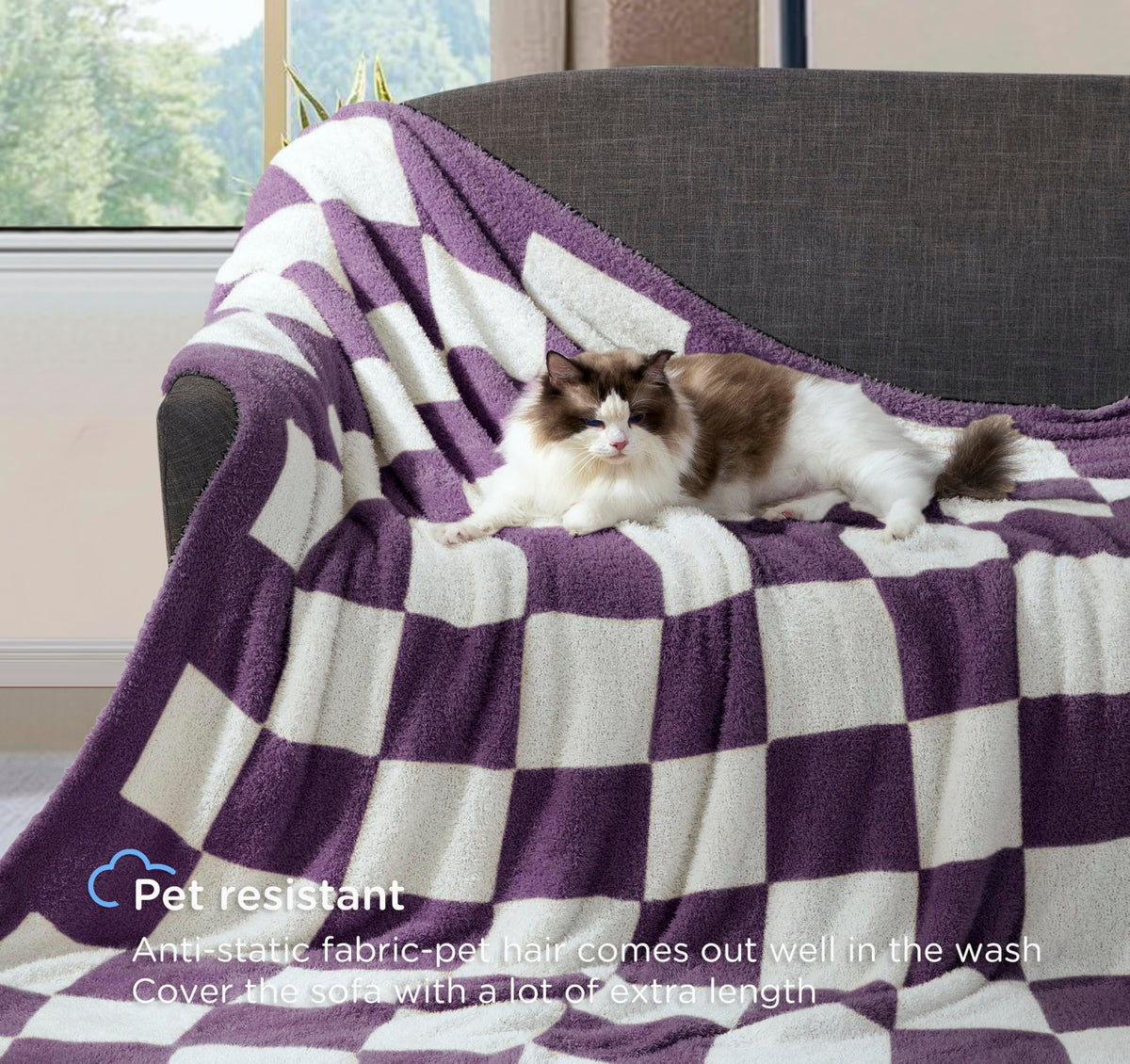 CLOUDS HUG Purple Checkered Throw Blanket for Couch - Super Soft Knit Bed Blanket for Mother，Fluffy Fuzzy Plush Lightweight Cozy Throws for Sofa ，50" x 60"